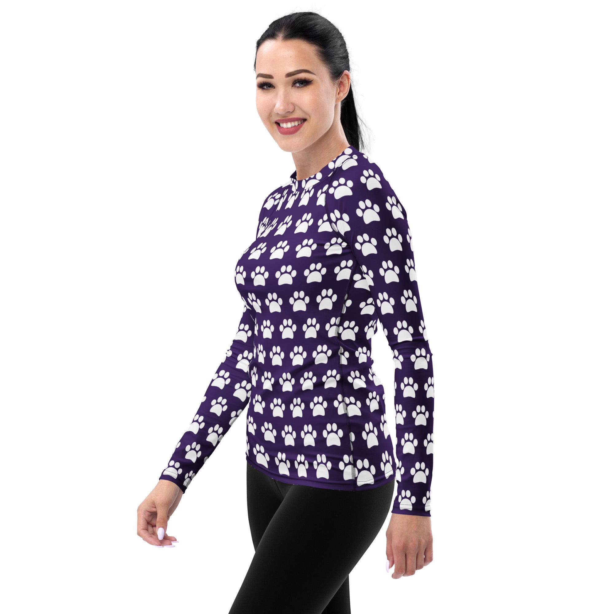 Women's Dark Purple Paw Print Long Sleeve Rash Guard Swim Shirt – Buttery Soft, Sun Safe UPF 50+ Protection, Quick Dry & 4-Way Stretch Comfort