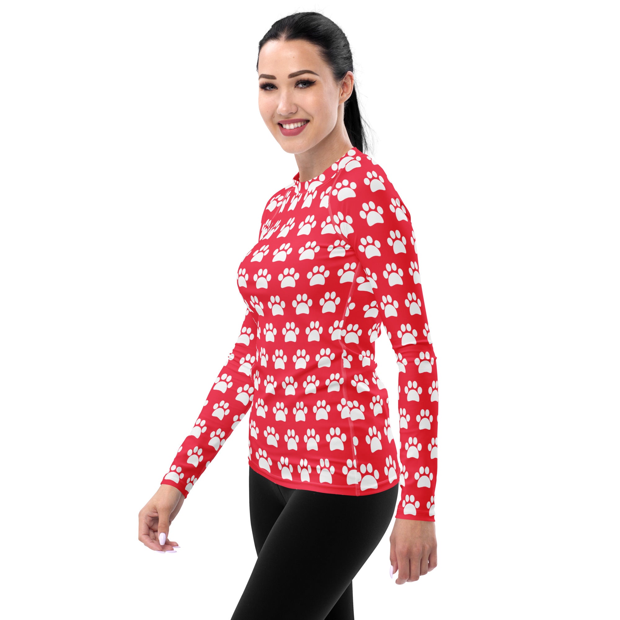 Women's Bright Pink Paw Print Long Sleeve Rash Guard Swim Shirt – Buttery Soft, Sun Safe UPF 50+ Protection, Quick Dry & 4-Way Stretch Comfort