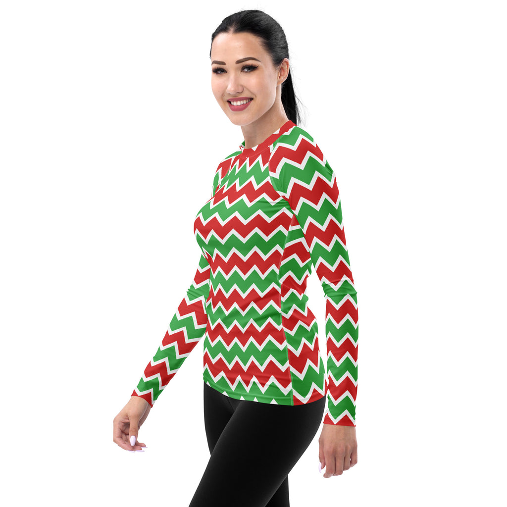 Women's Christmas Chevron Long Sleeve Rash Guard Swim Shirt – Buttery Soft, Sun Safe UPF 50+ Protection, Quick Dry & 4-Way Stretch Comfort