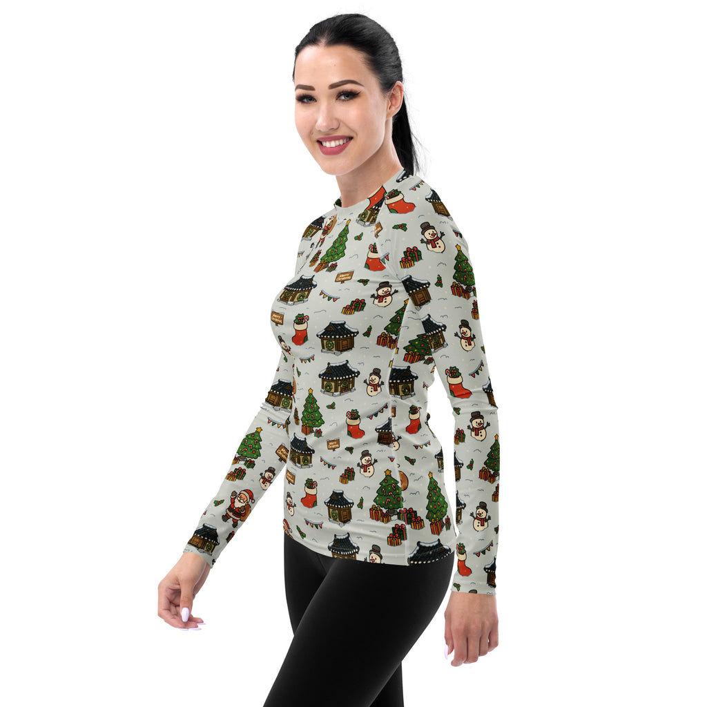 Women's Christmas Village Long Sleeve Rash Guard Swim Shirt – Buttery Soft, Sun Safe UPF 50+ Protection, Quick Dry & 4-Way Stretch Comfort