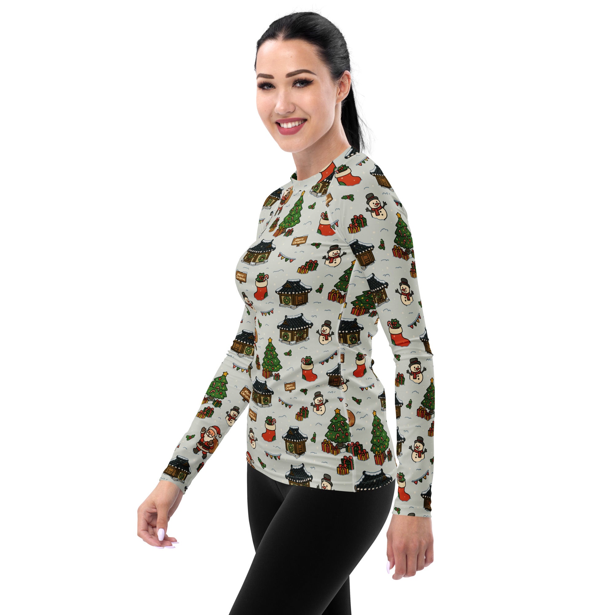 Women's Christmas Village Long Sleeve Rash Guard Swim Shirt – Buttery Soft, Sun Safe UPF 50+ Protection, Quick Dry & 4-Way Stretch Comfort