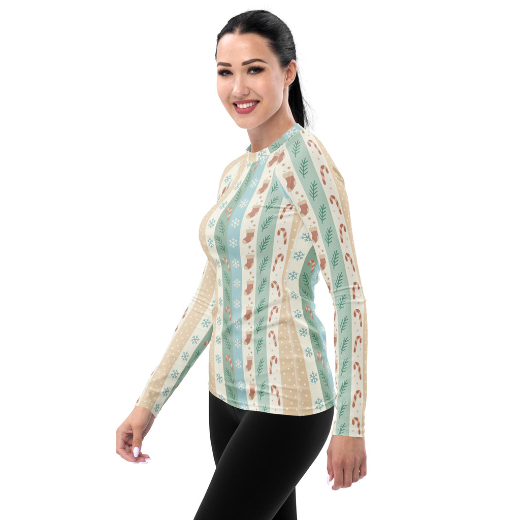 Women's Candy Cane Snowflake Holiday Stripe Long Sleeve Rash Guard Swim Shirt – Buttery Soft, Sun Safe UPF 50+ Protection, Quick Dry & 4-Way Stretch Comfort