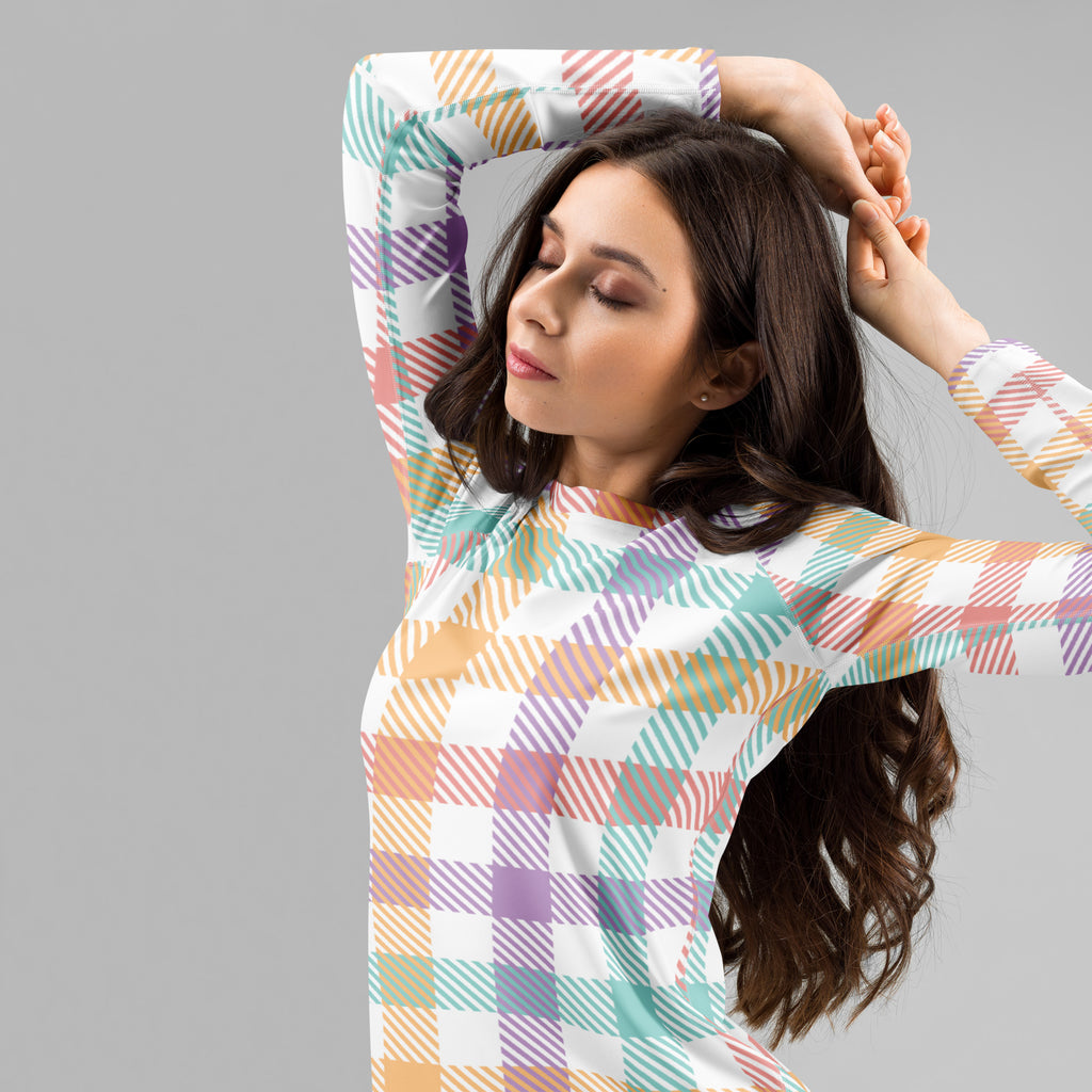 Women's Pastel Plaid Long Sleeve Rash Guard Swim Shirt – Buttery Soft, Sun Safe UPF 50+ Protection, Quick Dry & 4-Way Stretch Comfort