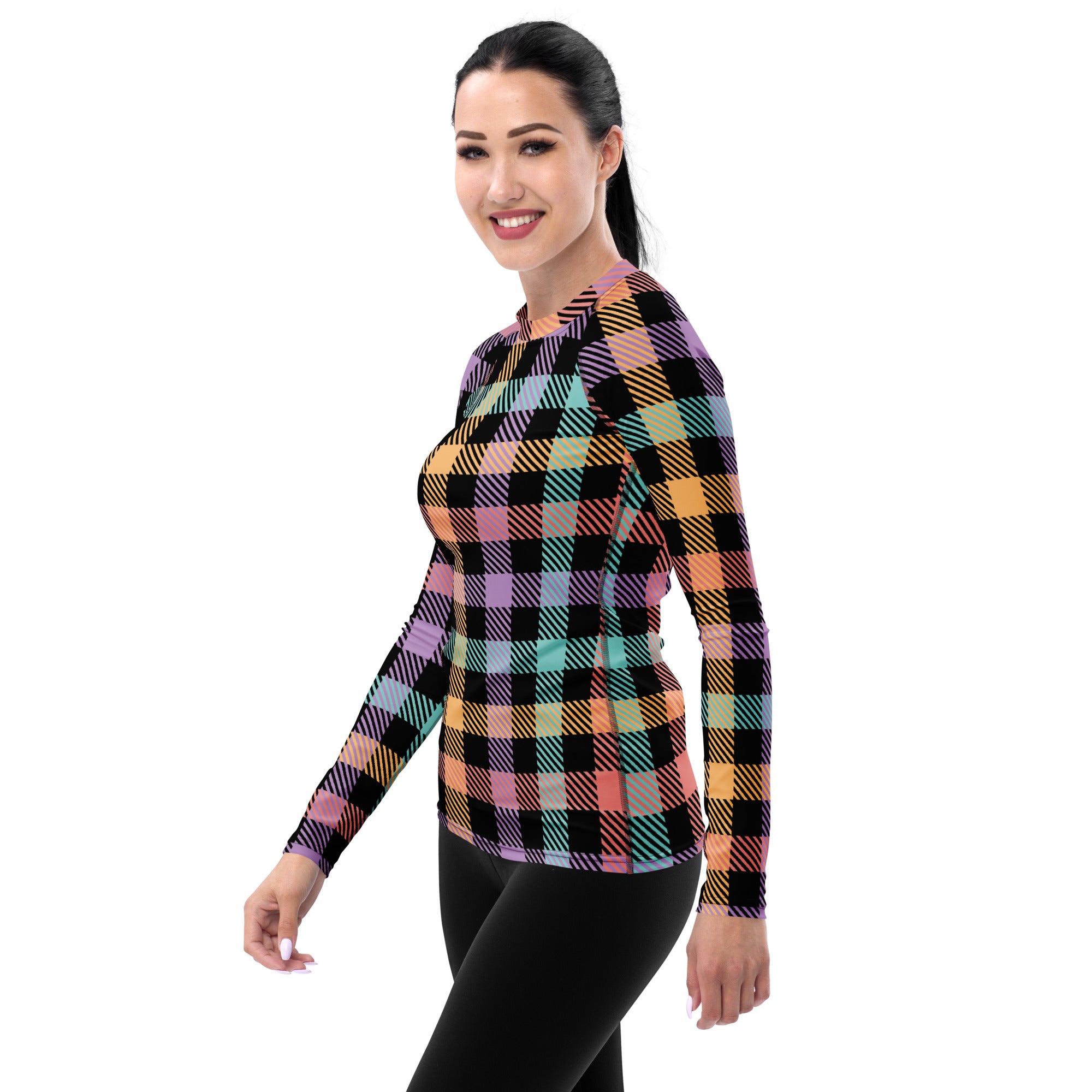 Women's Rainbow Plaid Long Sleeve Rash Guard Swim Shirt – Buttery Soft, Sun Safe UPF 50+ Protection, Quick Dry & 4-Way Stretch Comfort