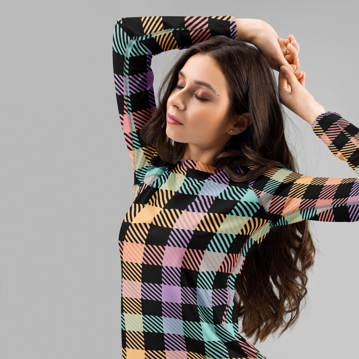 Women's Rainbow Plaid Long Sleeve Rash Guard Swim Shirt – Buttery Soft, Sun Safe UPF 50+ Protection, Quick Dry & 4-Way Stretch Comfort
