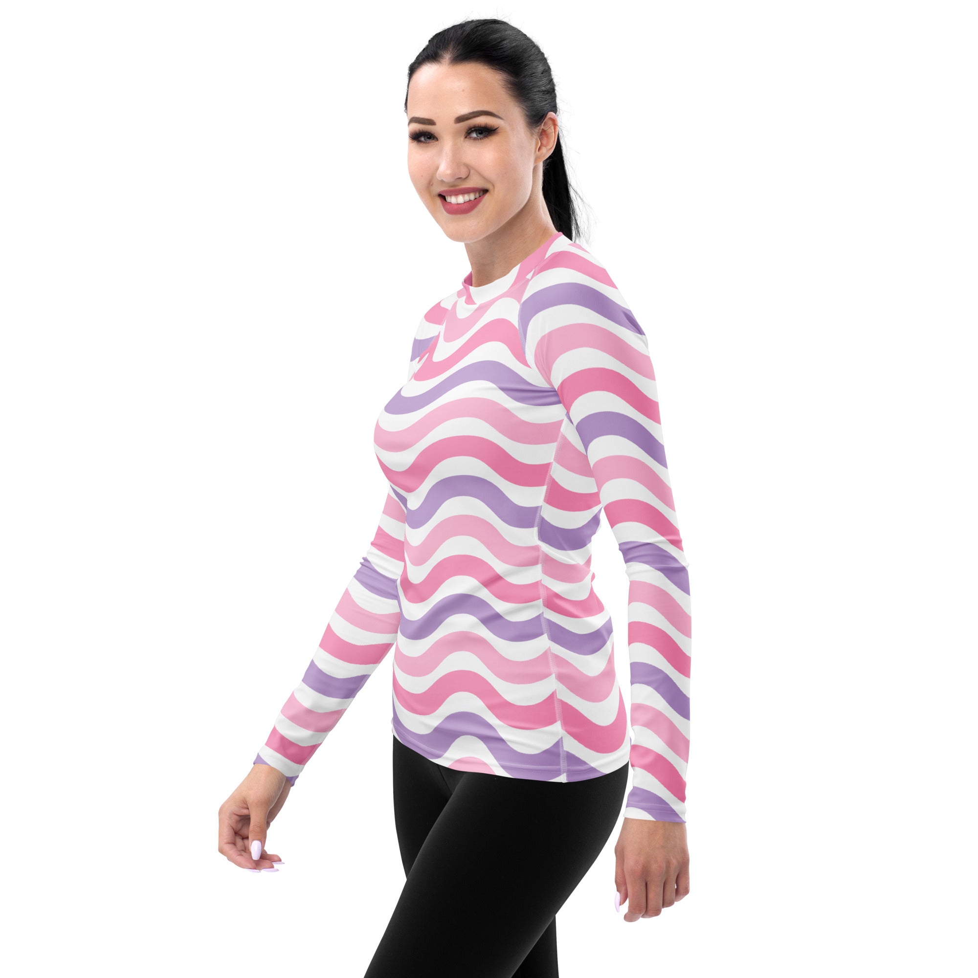 Women's Coastal Pink Purple Wavy Stripe Long Sleeve Rash Guard Swim Shirt – Buttery Soft, Sun Safe UPF 50+ Protection, Quick Dry & 4-Way Stretch Comfort