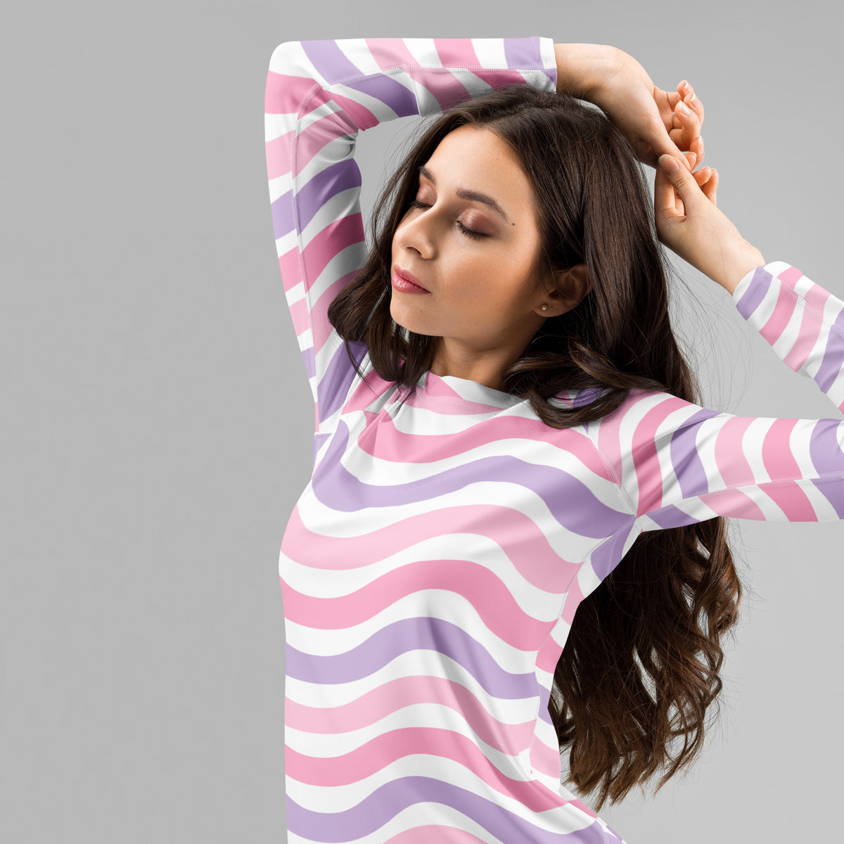 Women's Coastal Pink Purple Wavy Stripe Long Sleeve Rash Guard Swim Shirt – Buttery Soft, Sun Safe UPF 50+ Protection, Quick Dry & 4-Way Stretch Comfort