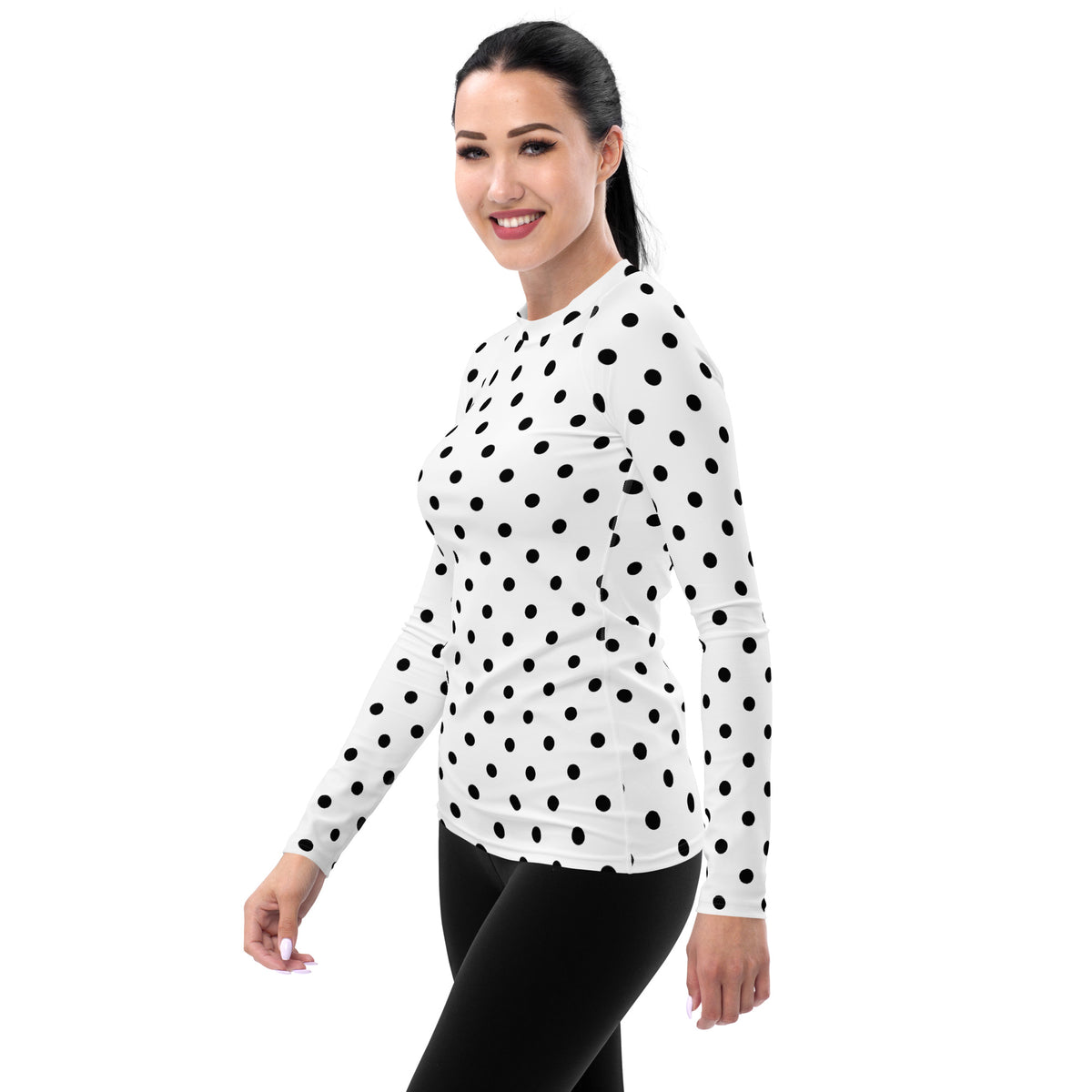 Women's White Polka Dot Long Sleeve Rash Guard Swim Shirt – Buttery Soft, Sun Safe UPF 50+ Protection, Quick Dry & 4-Way Stretch Comfort