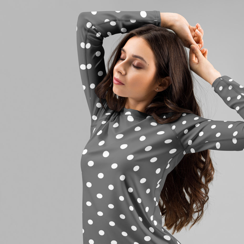 Women's Gray Polka Dot Long Sleeve Rash Guard Swim Shirt – Buttery Soft, Sun Safe UPF 50+ Protection, Quick Dry & 4-Way Stretch Comfort