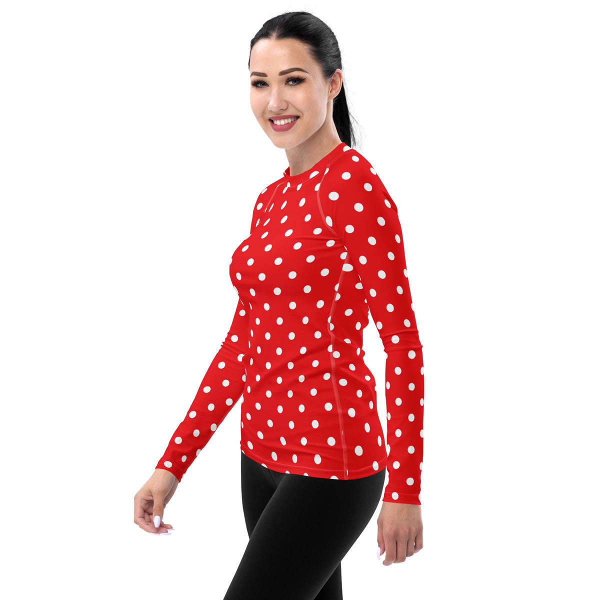 Women's Red Polka Dot Long Sleeve Rash Guard Swim Shirt – Buttery Soft, Sun Safe UPF 50+ Protection, Quick Dry & 4-Way Stretch Comfort