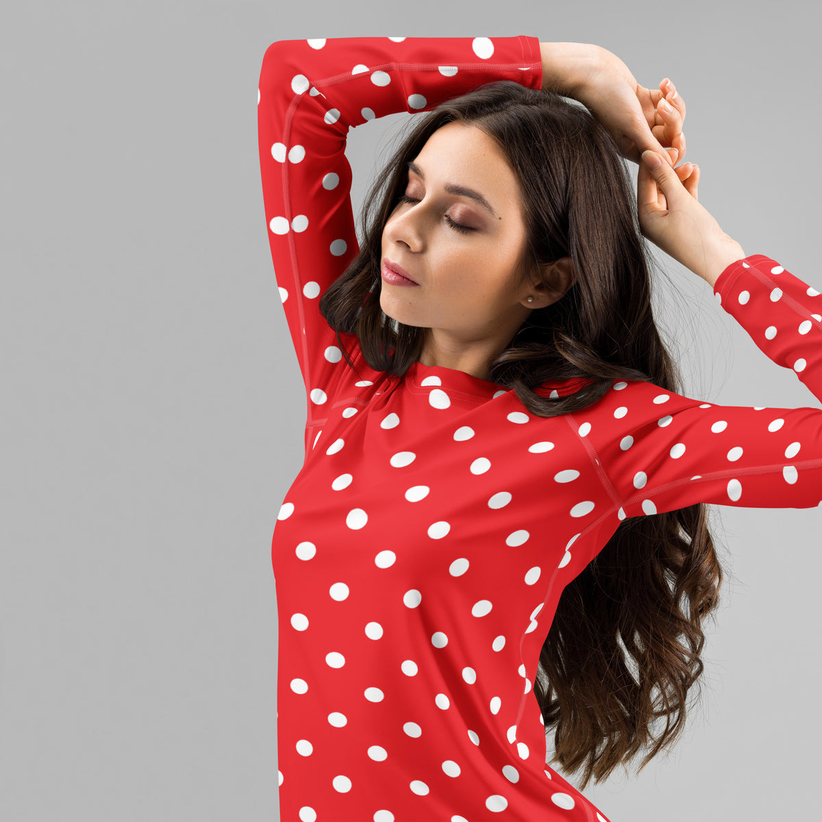 Women's Red Polka Dot Long Sleeve Rash Guard Swim Shirt – Buttery Soft, Sun Safe UPF 50+ Protection, Quick Dry & 4-Way Stretch Comfort