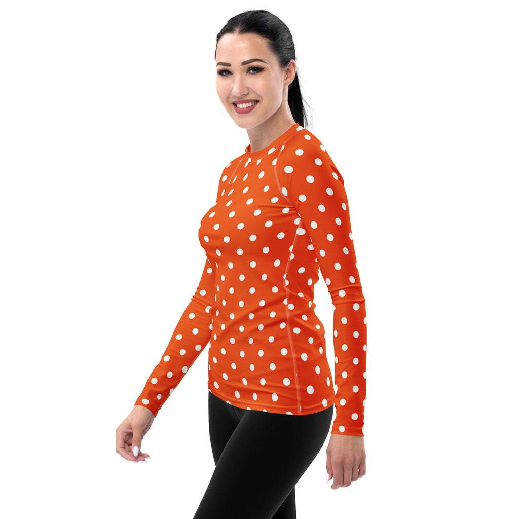 Women's Orange Polka Dot Long Sleeve Rash Guard Swim Shirt – Buttery Soft, Sun Safe UPF 50+ Protection, Quick Dry & 4-Way Stretch Comfort