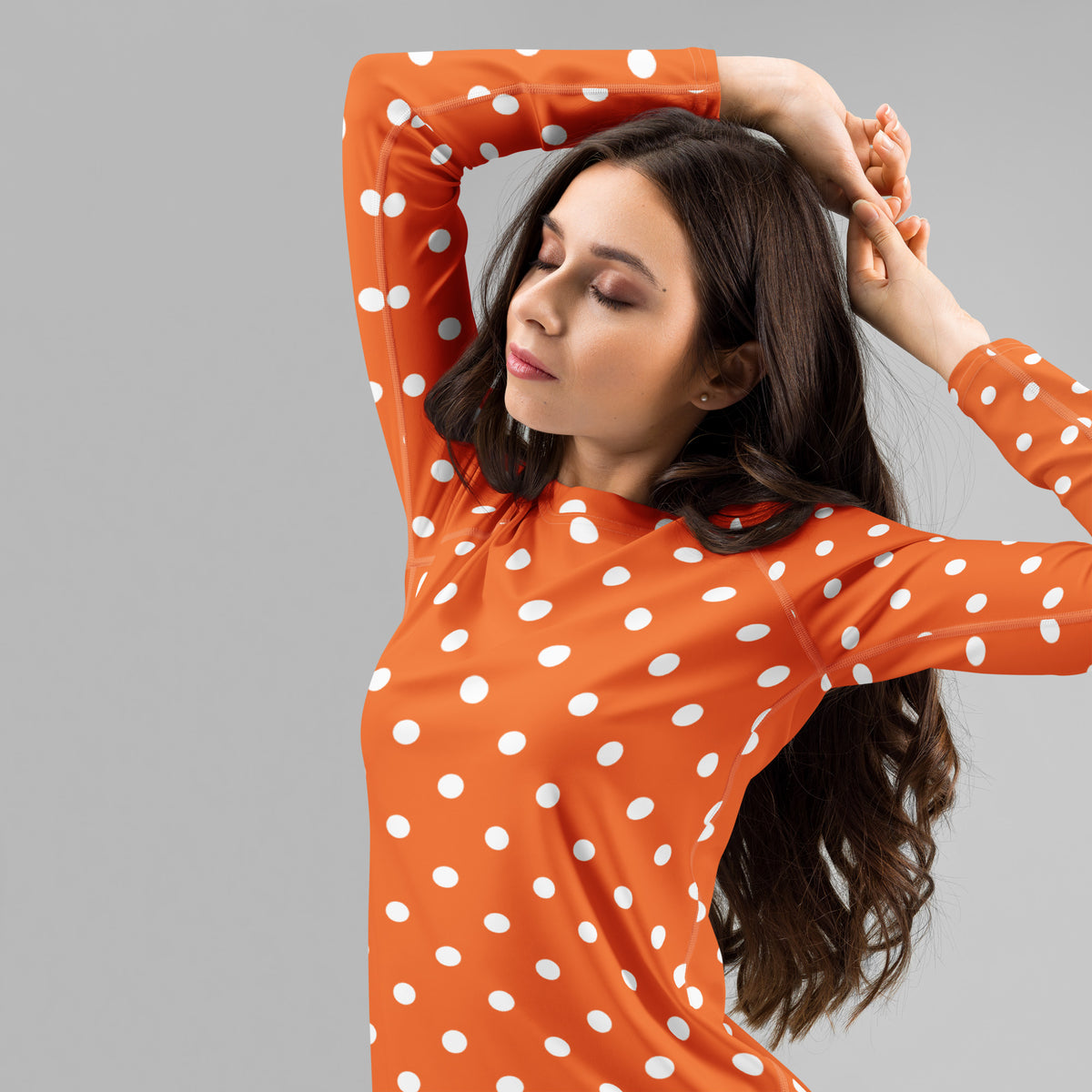 Women's Orange Polka Dot Long Sleeve Rash Guard Swim Shirt – Buttery Soft, Sun Safe UPF 50+ Protection, Quick Dry & 4-Way Stretch Comfort