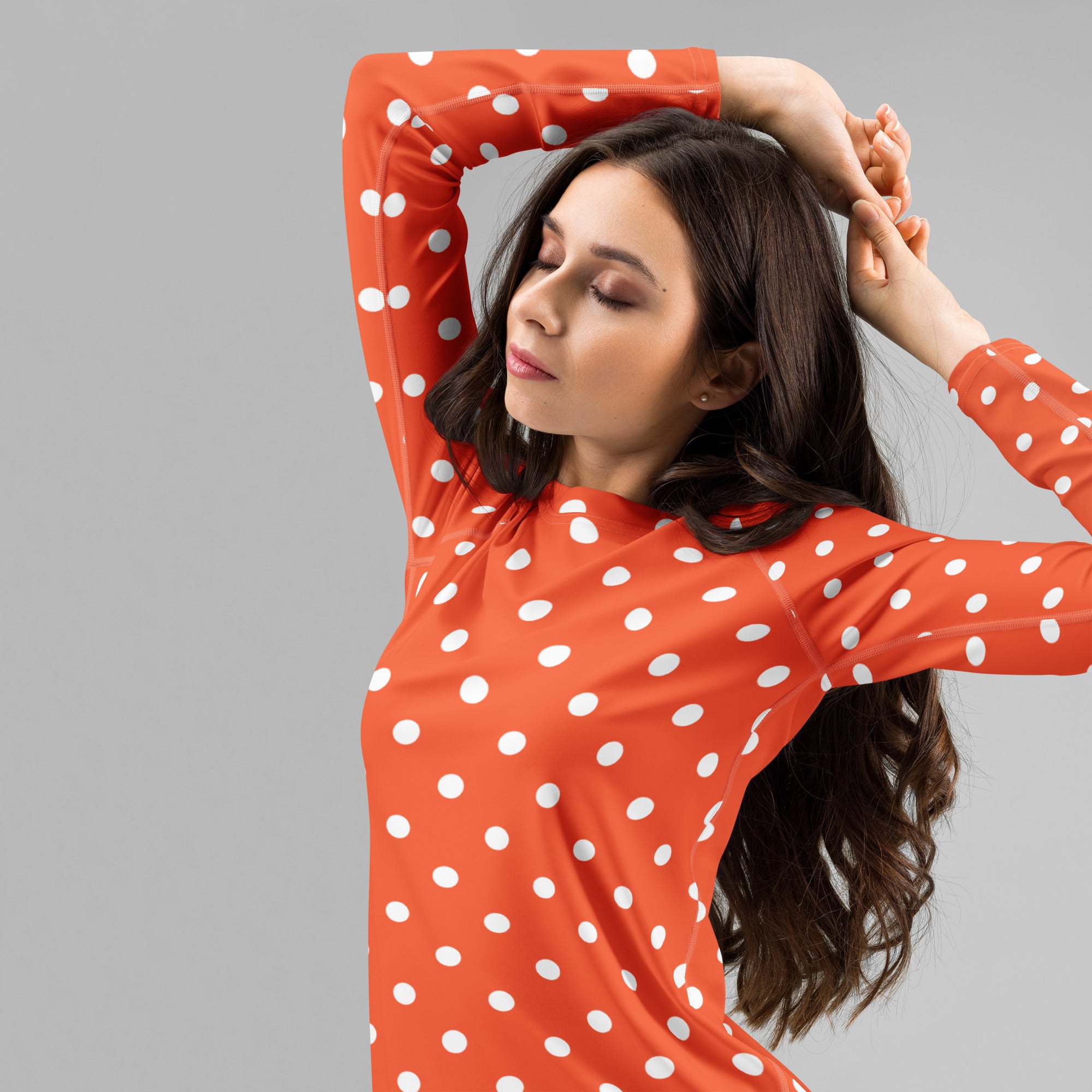 Women's Bright Orange Polka Dot Long Sleeve Rash Guard Swim Shirt – Buttery Soft, Sun Safe UPF 50+ Protection, Quick Dry & 4-Way Stretch Comfort
