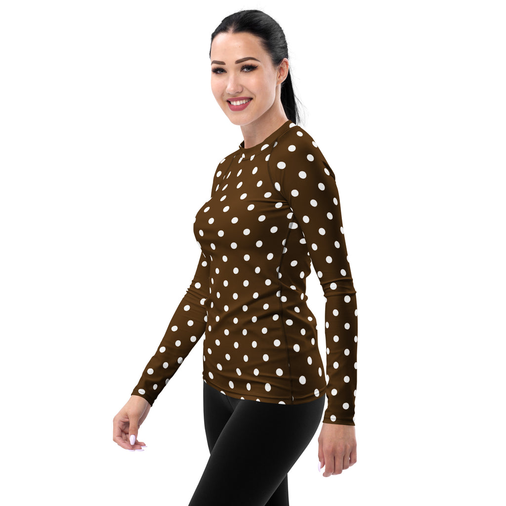 Women's Brown Polka Dot Long Sleeve Rash Guard Swim Shirt – Buttery Soft, Sun Safe UPF 50+ Protection, Quick Dry & 4-Way Stretch Comfort
