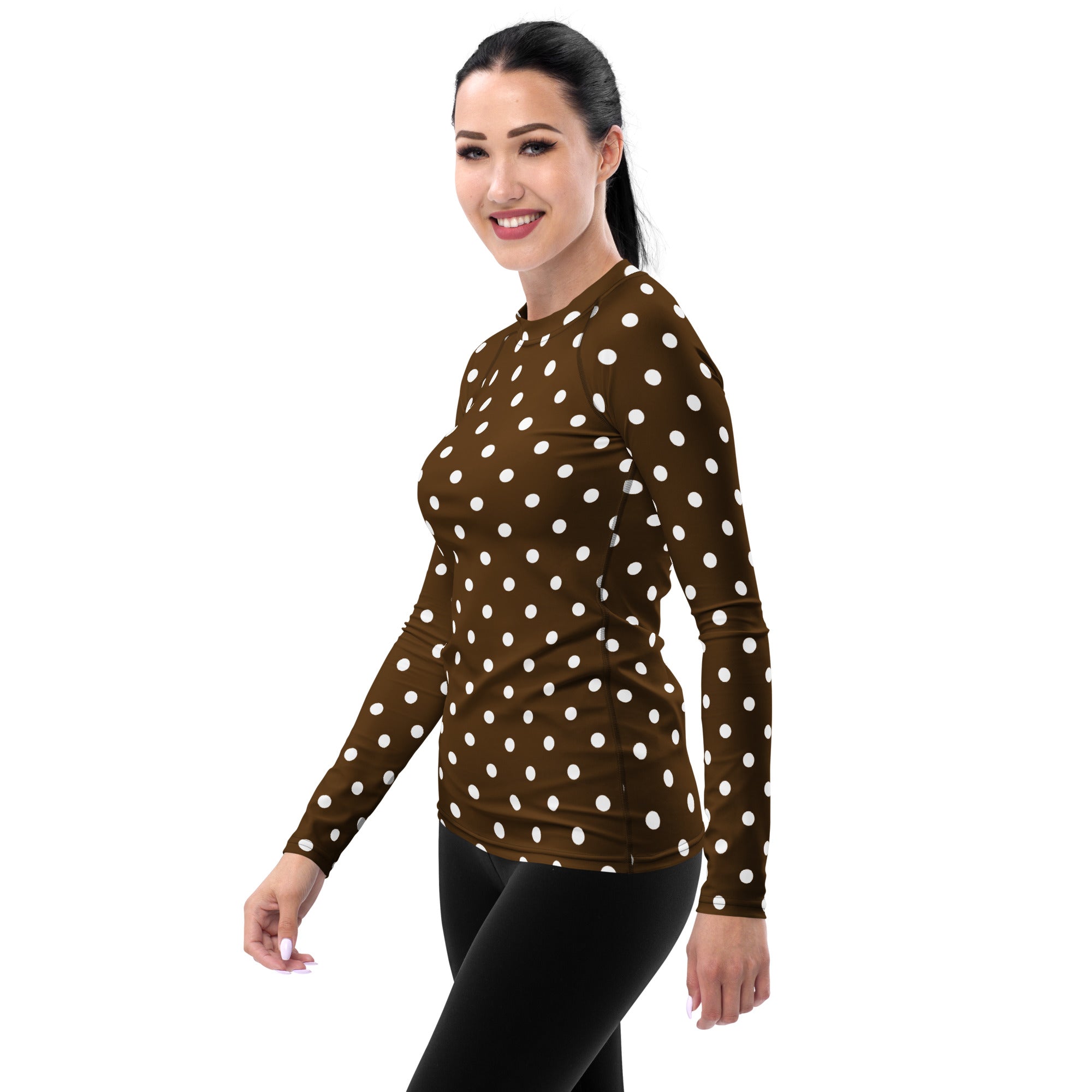 Women's Brown Polka Dot Long Sleeve Rash Guard Swim Shirt – Buttery Soft, Sun Safe UPF 50+ Protection, Quick Dry & 4-Way Stretch Comfort