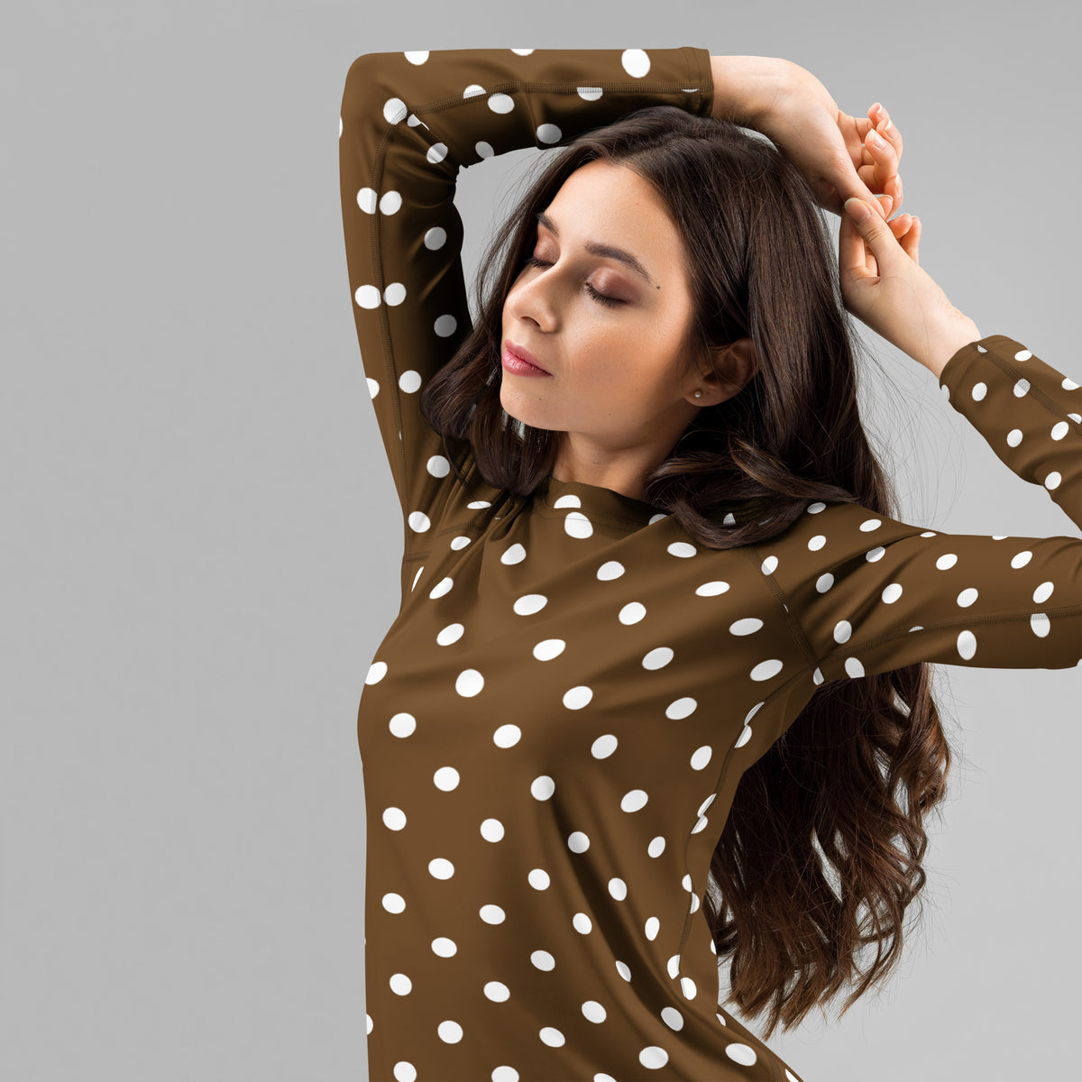 Women's Brown Polka Dot Long Sleeve Rash Guard Swim Shirt – Buttery Soft, Sun Safe UPF 50+ Protection, Quick Dry & 4-Way Stretch Comfort