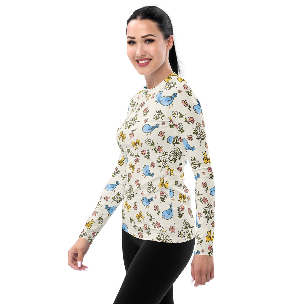 Women's Blue Bird Floral Long Sleeve Rash Guard Swim Shirt – Buttery Soft, Sun Safe UPF 50+ Protection, Quick Dry & 4-Way Stretch Comfort