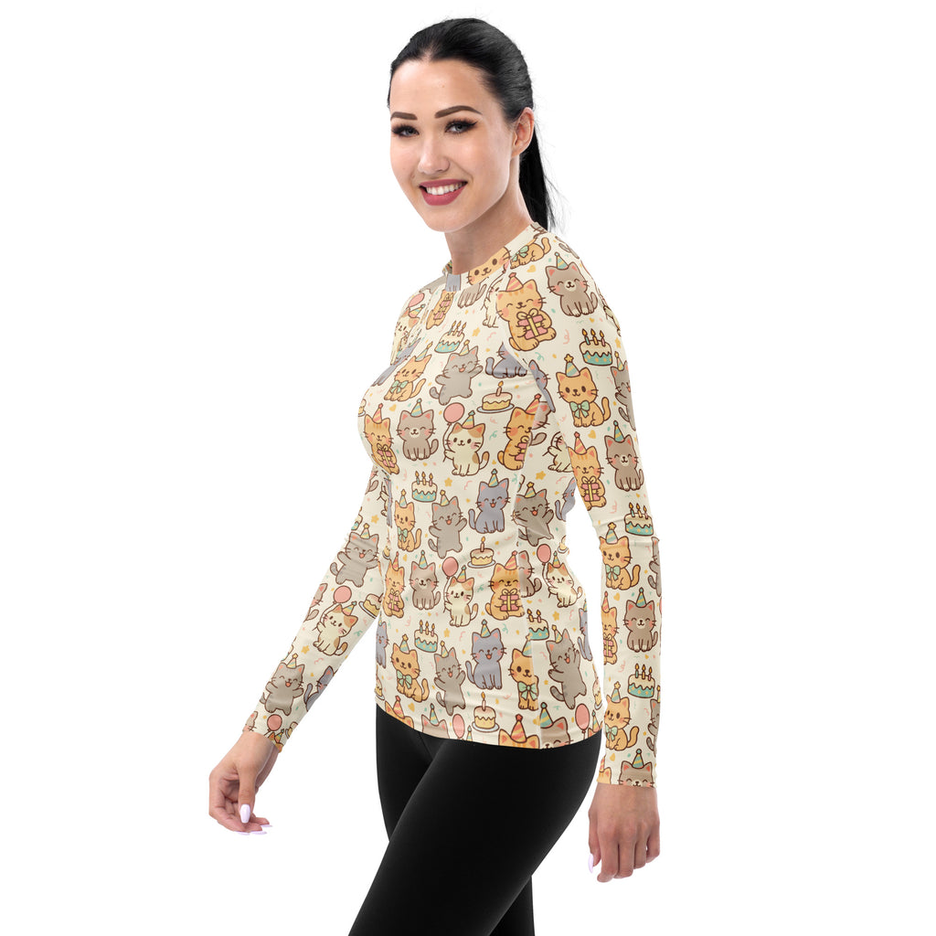 Women's Kitten Birthday Long Sleeve Rash Guard Swim Shirt – Buttery Soft, Sun Safe UPF 50+ Protection, Quick Dry & 4-Way Stretch Comfort