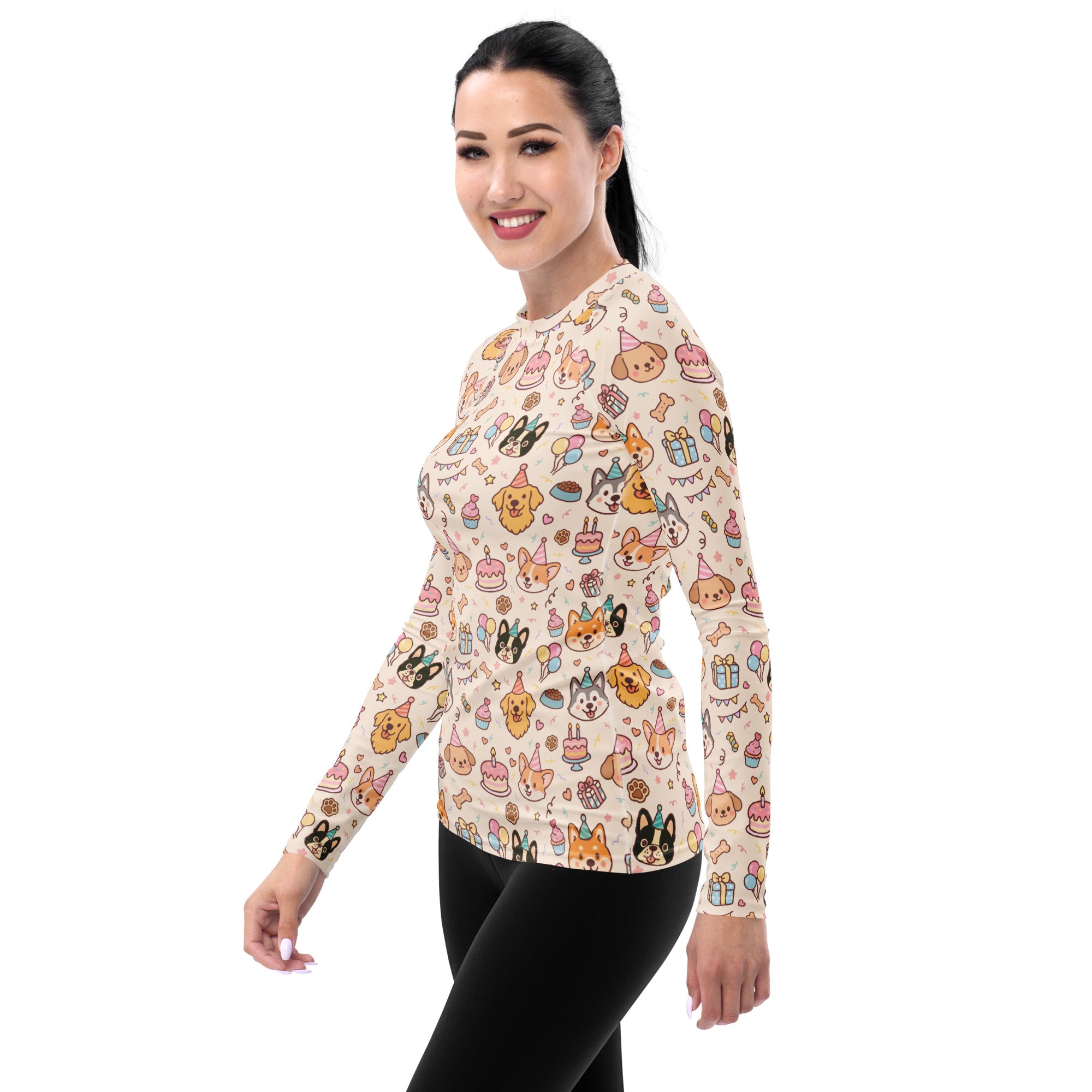 Women's Puppy Birthday Long Sleeve Rash Guard Swim Shirt – Buttery Soft, Sun Safe UPF 50+ Protection, Quick Dry & 4-Way Stretch Comfort