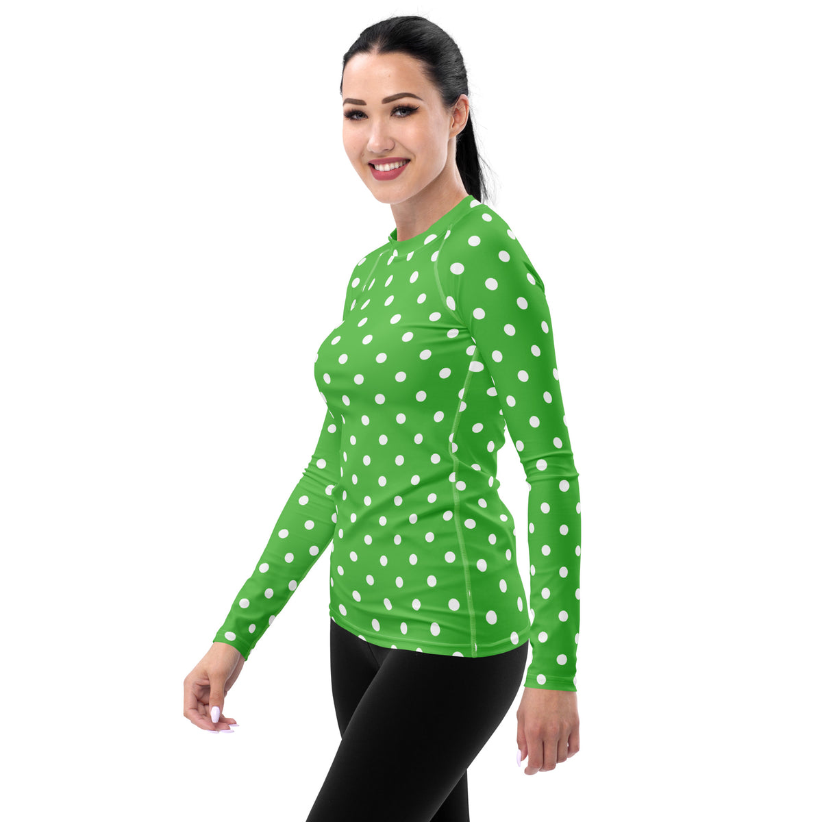 Women's Green Polka Dot Long Sleeve Rash Guard Swim Shirt – Buttery Soft, Sun Safe UPF 50+ Protection, Quick Dry & 4-Way Stretch Comfort