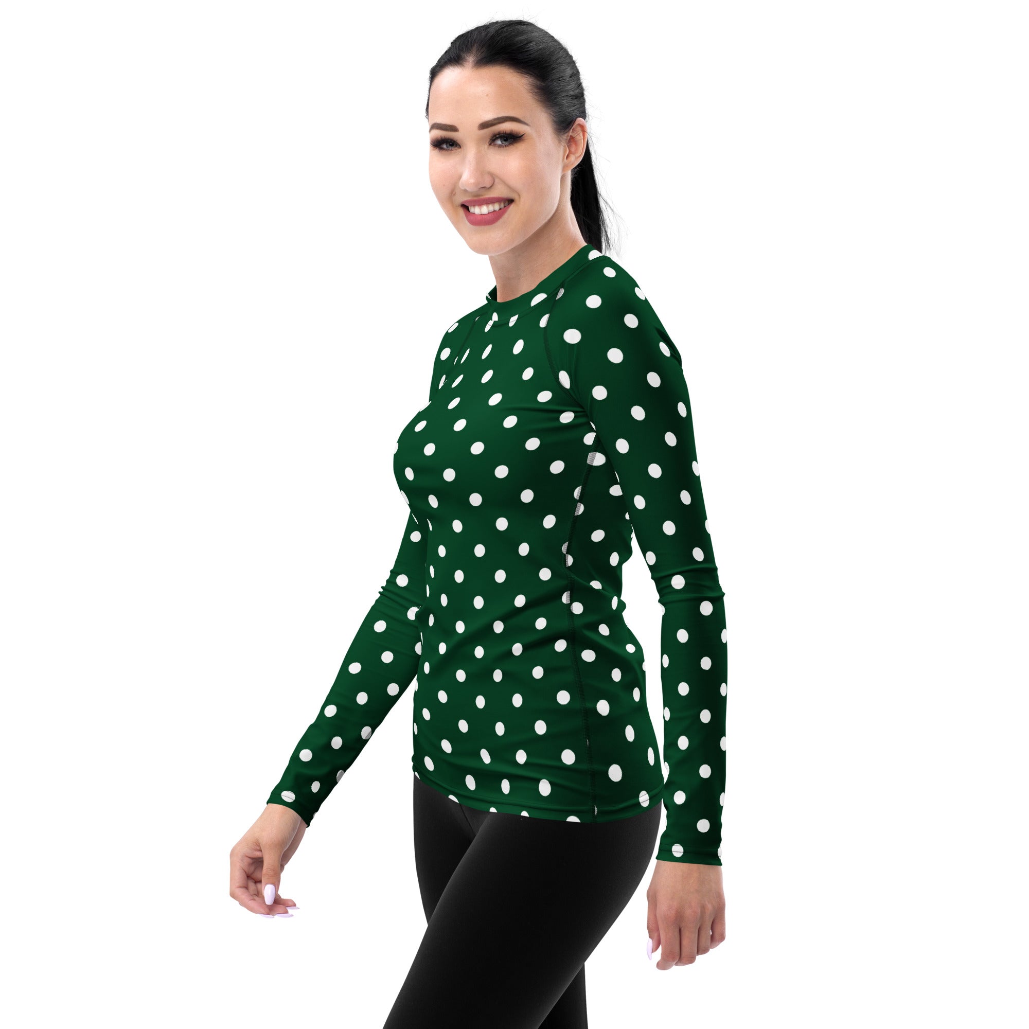 Women's Forest Green Polka Dot Long Sleeve Rash Guard Swim Shirt – Buttery Soft, Sun Safe UPF 50+ Protection, Quick Dry & 4-Way Stretch Comfort