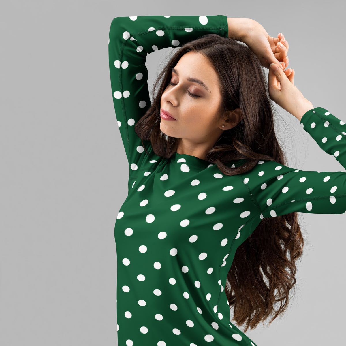 Women's Forest Green Polka Dot Long Sleeve Rash Guard Swim Shirt – Buttery Soft, Sun Safe UPF 50+ Protection, Quick Dry & 4-Way Stretch Comfort