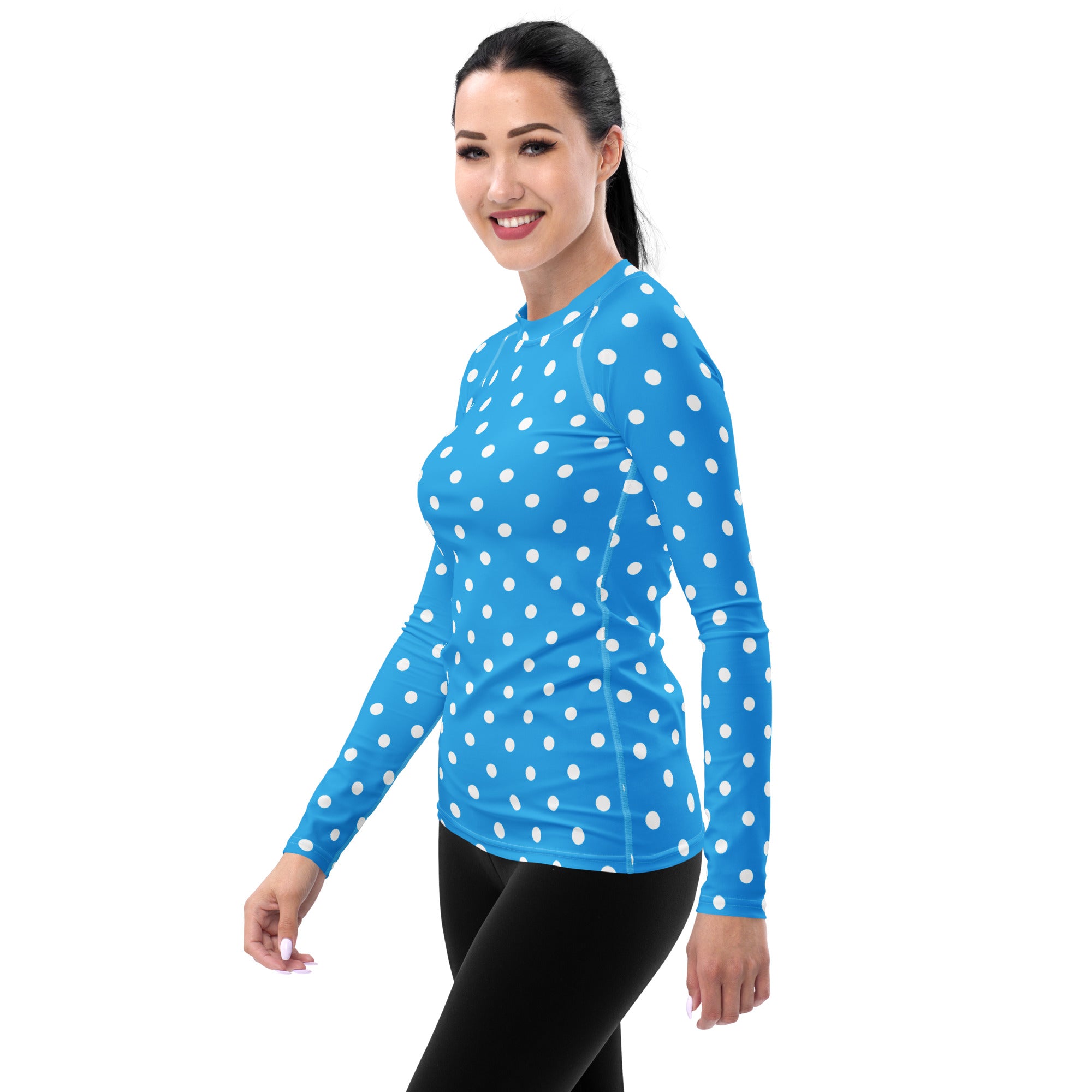 Women's Sky Blue Polka Dot Long Sleeve Rash Guard Swim Shirt – Buttery Soft, Sun Safe UPF 50+ Protection, Quick Dry & 4-Way Stretch Comfort