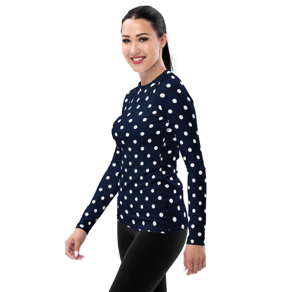 Women's Navy Blue Polka Dot Long Sleeve Rash Guard Swim Shirt – Buttery Soft, Sun Safe UPF 50+ Protection, Quick Dry & 4-Way Stretch Comfort