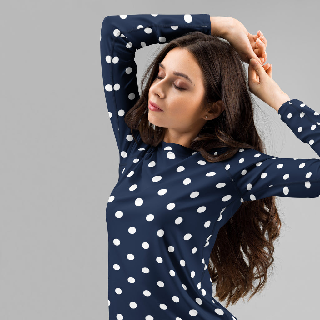 Women's Navy Blue Polka Dot Long Sleeve Rash Guard Swim Shirt – Buttery Soft, Sun Safe UPF 50+ Protection, Quick Dry & 4-Way Stretch Comfort