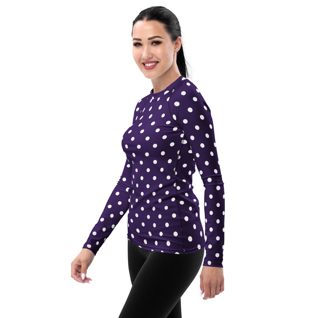 Women's Dark Purple Polka Dot Long Sleeve Rash Guard Swim Shirt – Buttery Soft, Sun Safe UPF 50+ Protection, Quick Dry & 4-Way Stretch Comfort