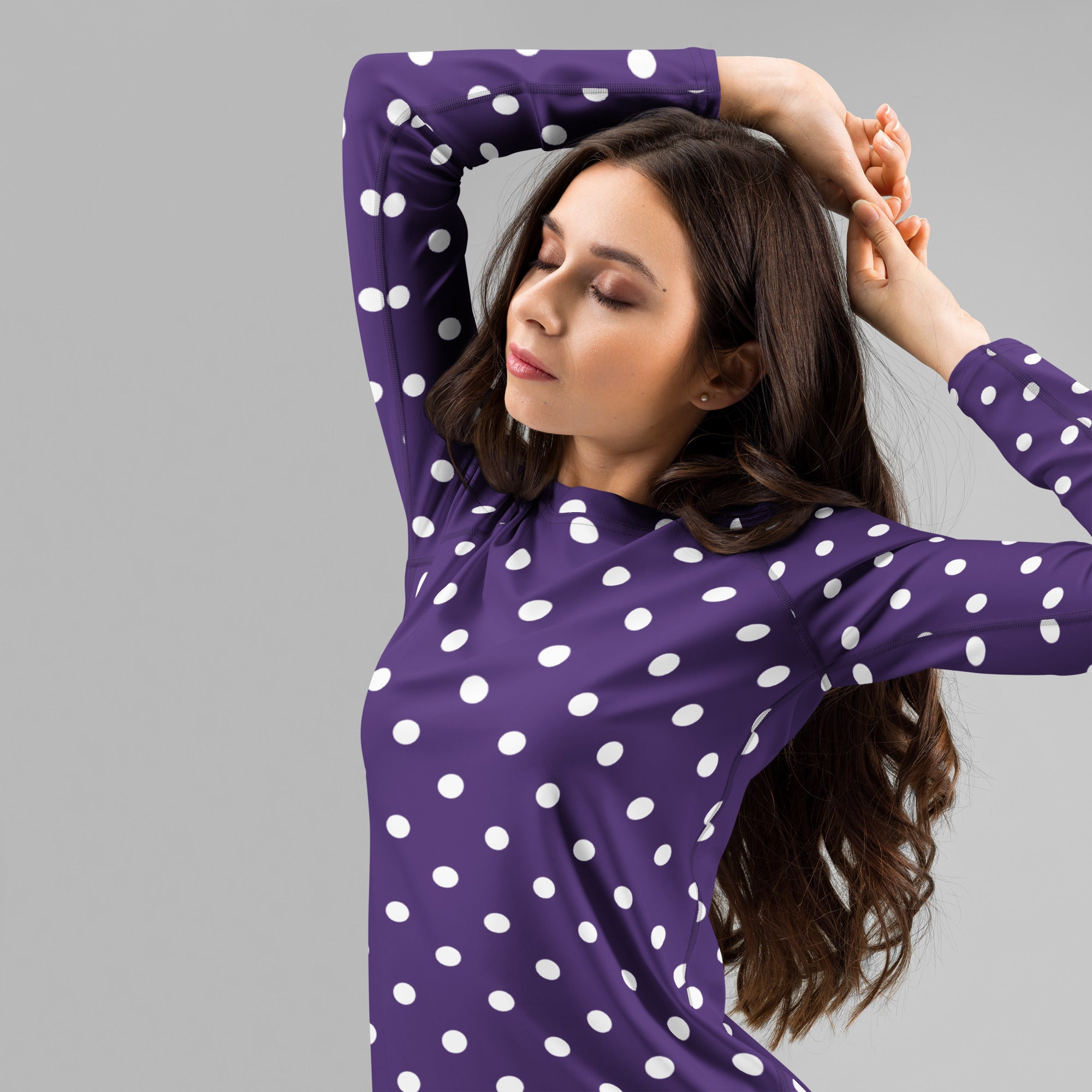 Women's Dark Purple Polka Dot Long Sleeve Rash Guard Swim Shirt – Buttery Soft, Sun Safe UPF 50+ Protection, Quick Dry & 4-Way Stretch Comfort