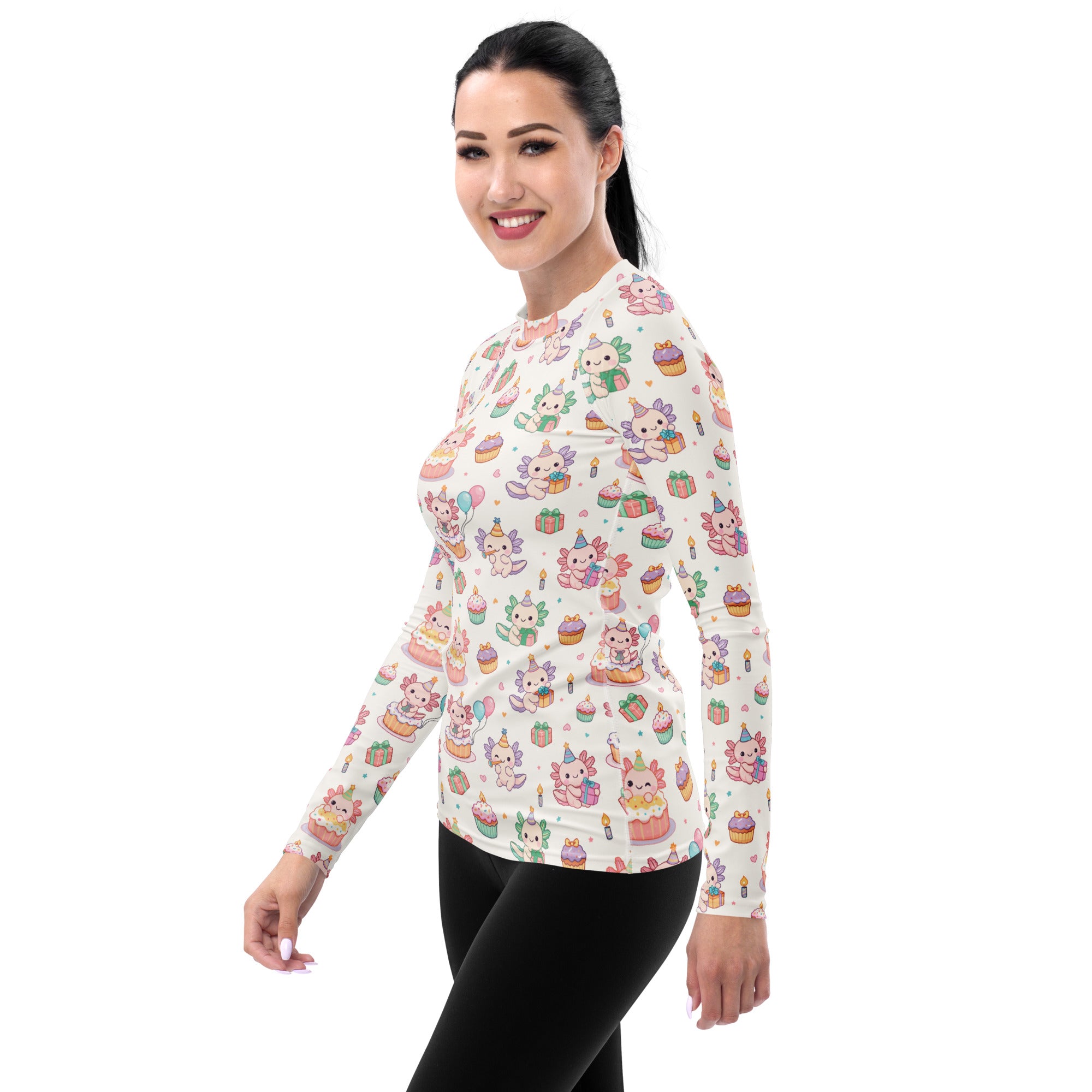 Women's Axolotl Birthday Long Sleeve Rash Guard Swim Shirt – Buttery Soft, Sun Safe UPF 50+ Protection, Quick Dry & 4-Way Stretch Comfort