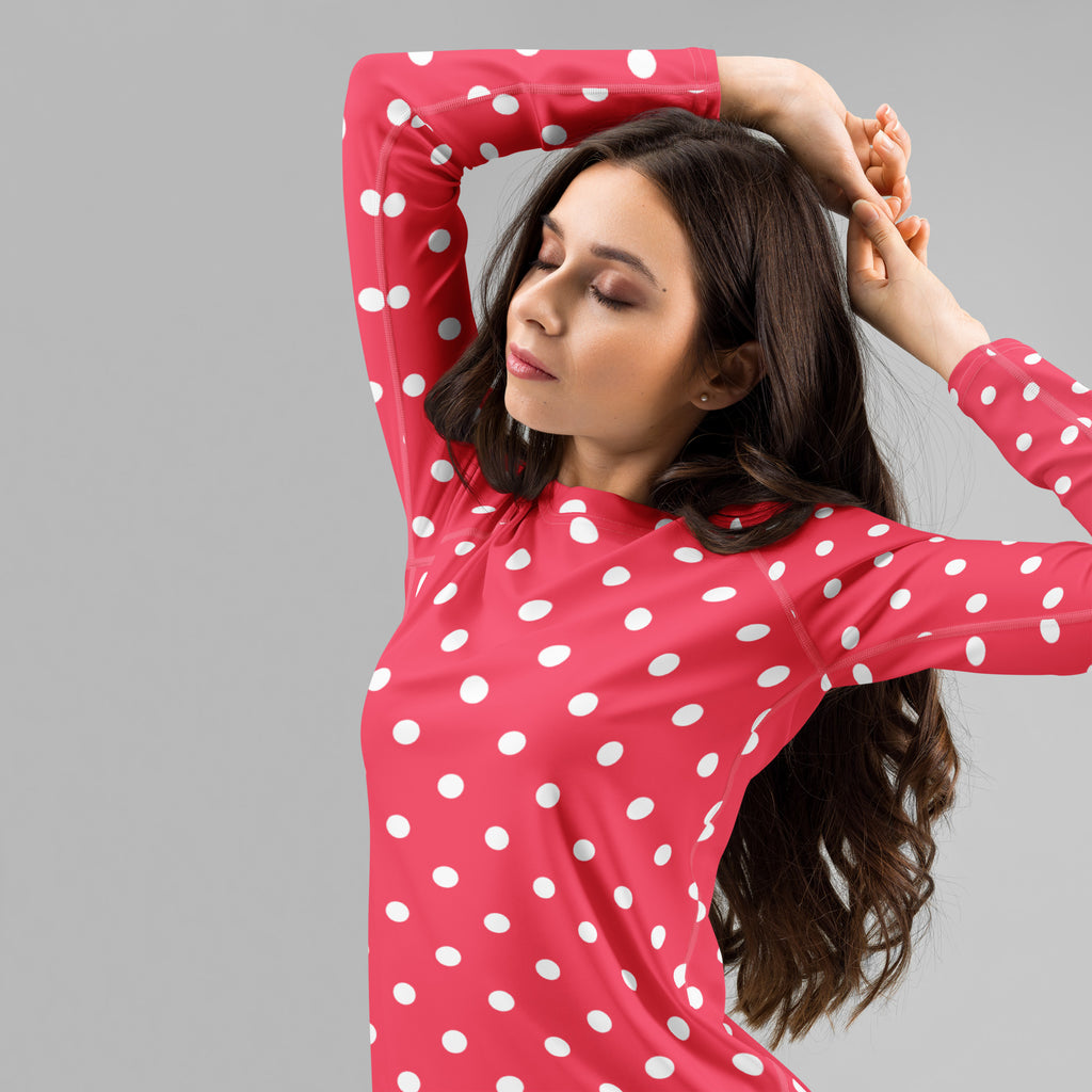 Women's Bright Pink Polka Dot Long Sleeve Rash Guard Swim Shirt – Buttery Soft, Sun Safe UPF 50+ Protection, Quick Dry & 4-Way Stretch Comfort