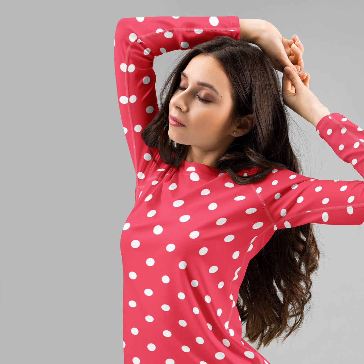 Women's Bright Pink Polka Dot Long Sleeve Rash Guard Swim Shirt – Buttery Soft, Sun Safe UPF 50+ Protection, Quick Dry & 4-Way Stretch Comfort