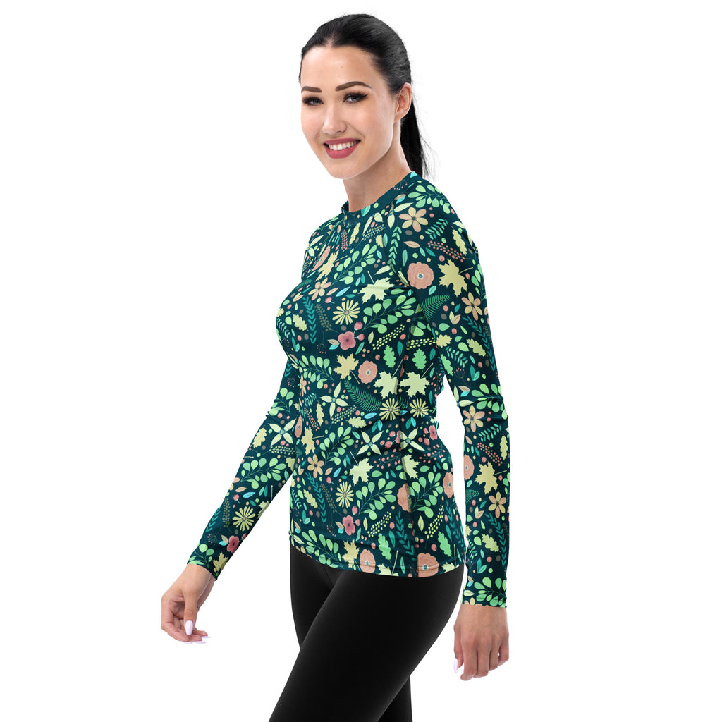 Women's Dark Green Floral Long Sleeve Rash Guard Swim Shirt – Buttery Soft, Sun Safe UPF 50+ Protection, Quick Dry & 4-Way Stretch Comfort