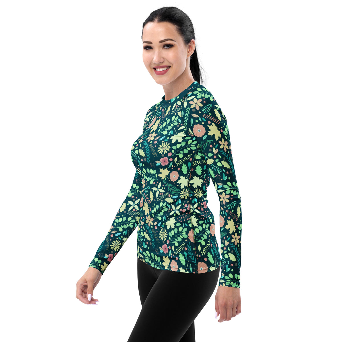 Women's Dark Green Floral Long Sleeve Rash Guard Swim Shirt – Buttery Soft, Sun Safe UPF 50+ Protection, Quick Dry & 4-Way Stretch Comfort