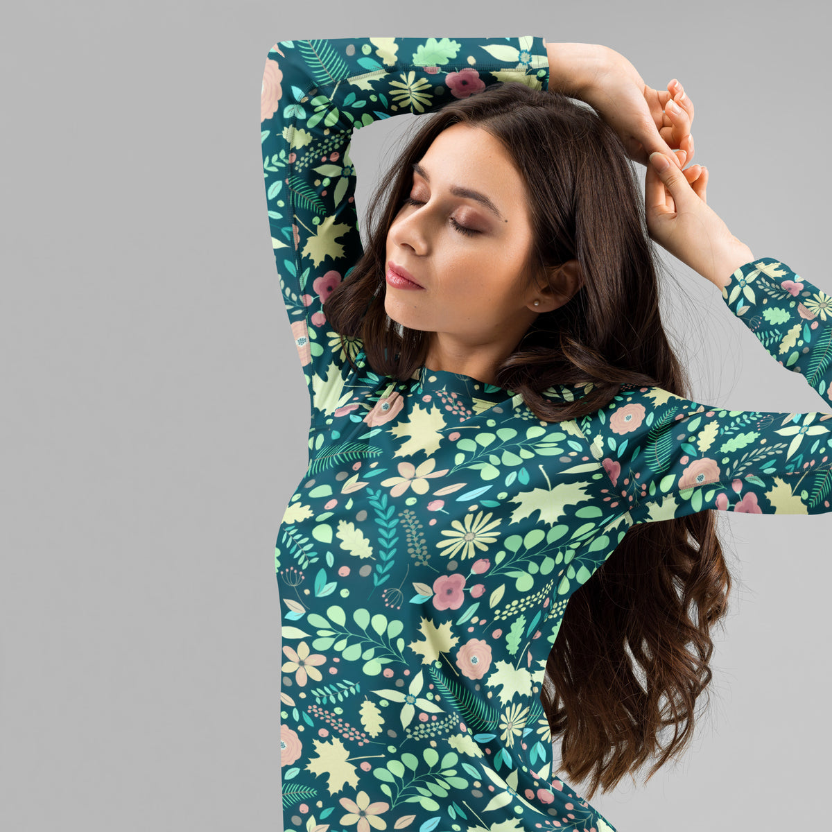 Women's Dark Green Floral Long Sleeve Rash Guard Swim Shirt – Buttery Soft, Sun Safe UPF 50+ Protection, Quick Dry & 4-Way Stretch Comfort