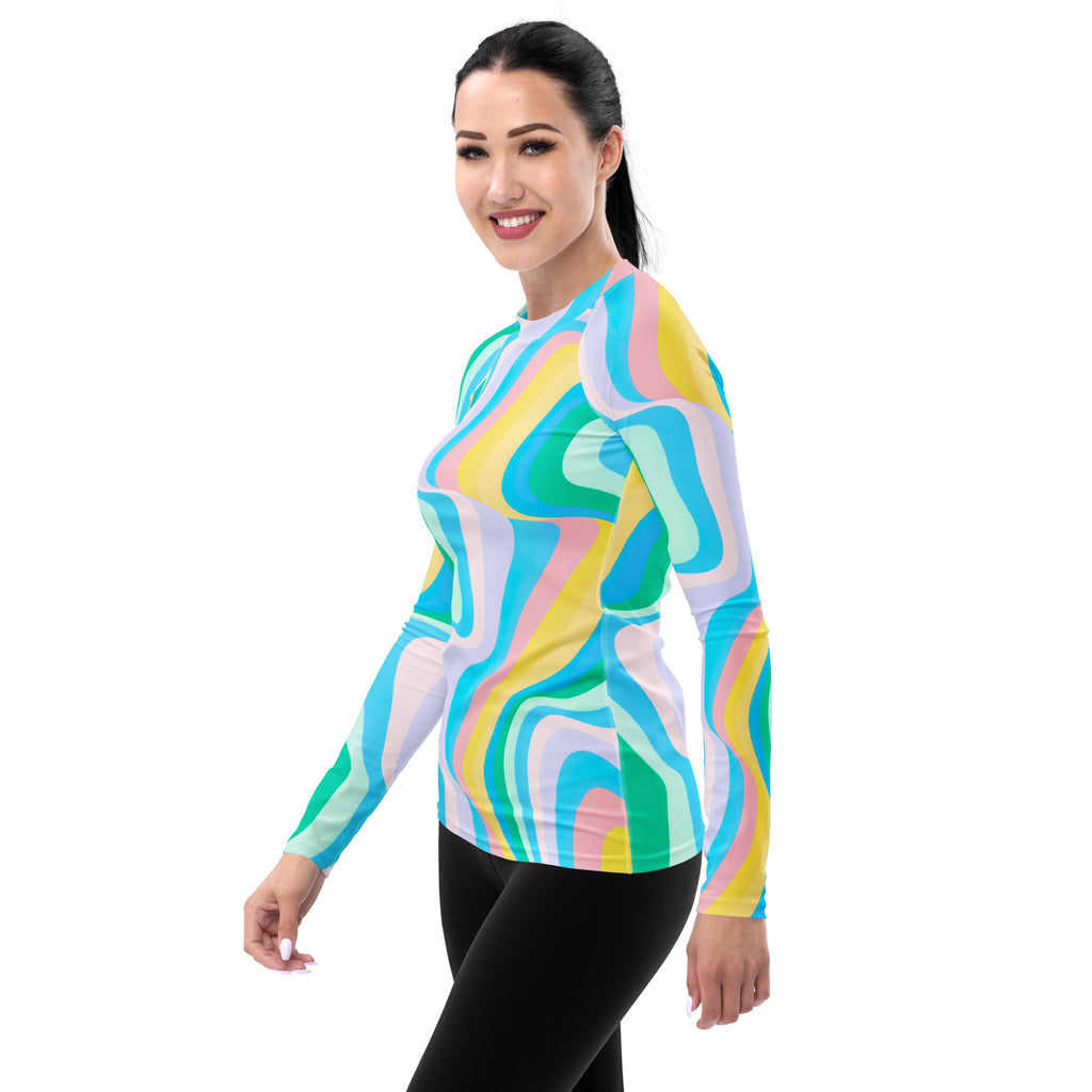 Women's Abstract Green Wavy Stripes Long Sleeve Rash Guard Swim Shirt – Buttery Soft, Sun Safe UPF 50+ Protection, Quick Dry & 4-Way Stretch Comfort