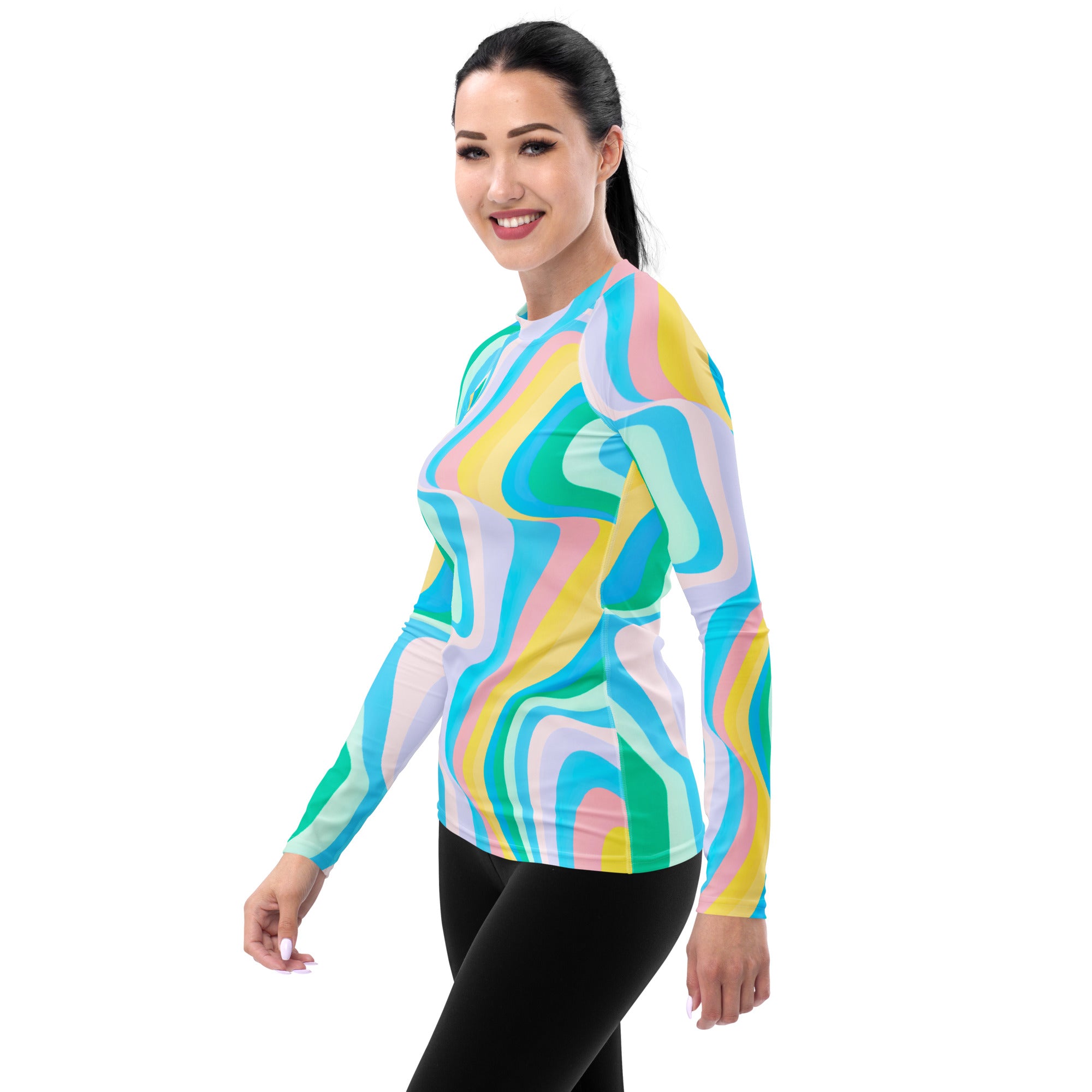 Women's Abstract Green Wavy Stripes Long Sleeve Rash Guard Swim Shirt – Buttery Soft, Sun Safe UPF 50+ Protection, Quick Dry & 4-Way Stretch Comfort