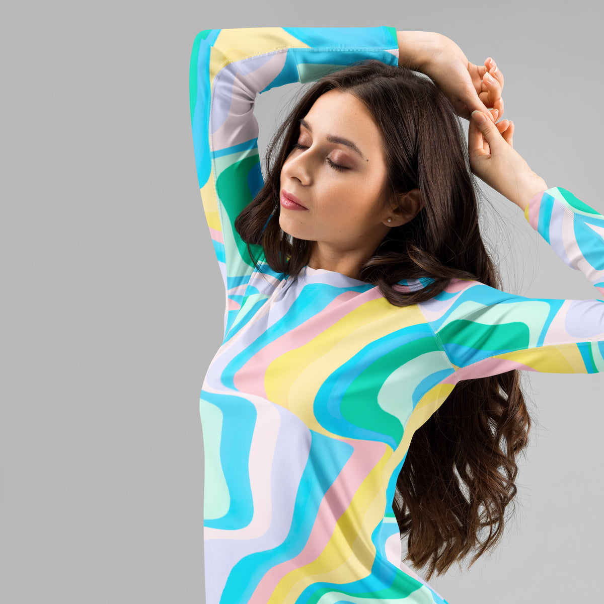 Women's Abstract Green Wavy Stripes Long Sleeve Rash Guard Swim Shirt – Buttery Soft, Sun Safe UPF 50+ Protection, Quick Dry & 4-Way Stretch Comfort