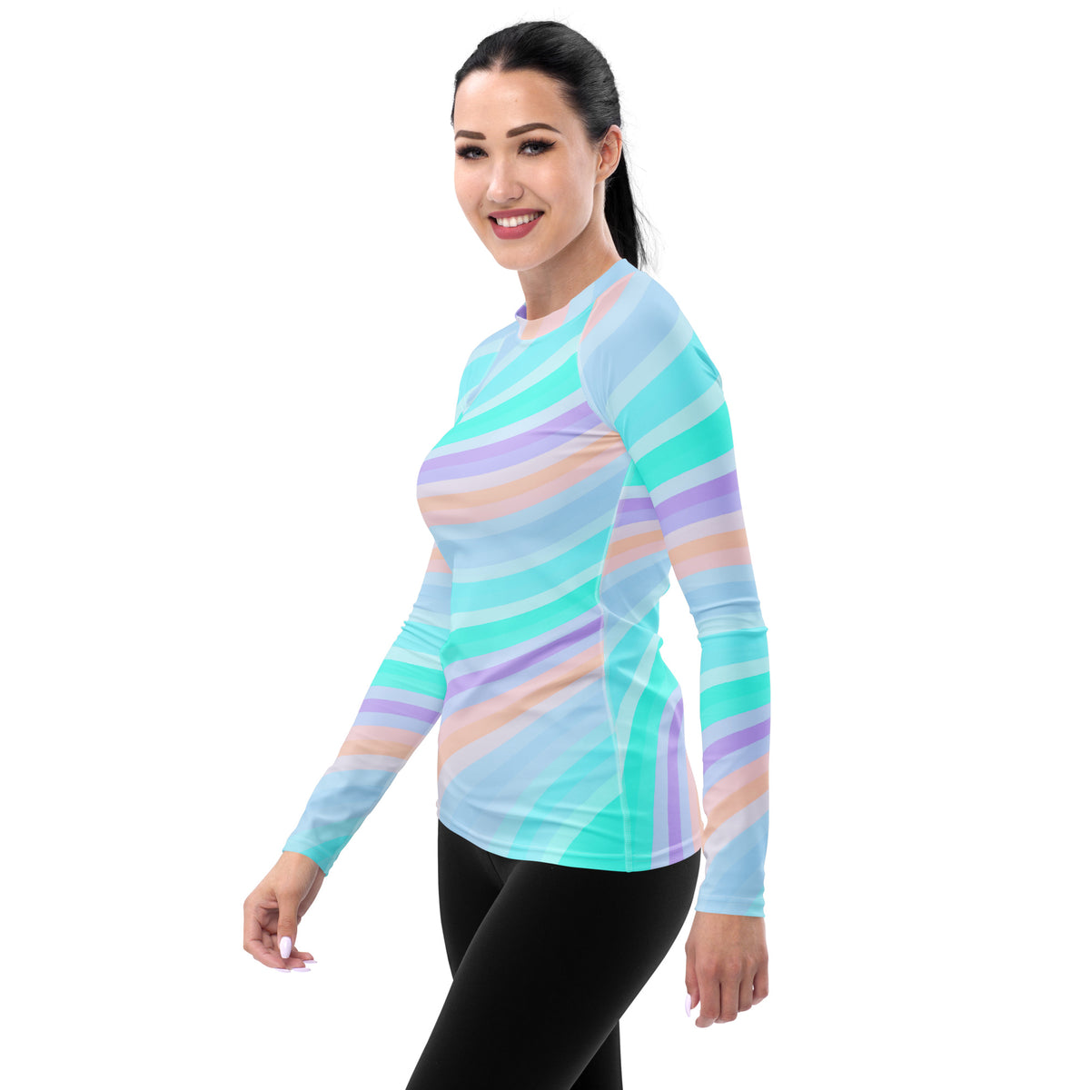 Women's Pastel Ocean Wave Long Sleeve Rash Guard Swim Shirt – Buttery Soft, Sun Safe UPF 50+ Protection, Quick Dry & 4-Way Stretch Comfort
