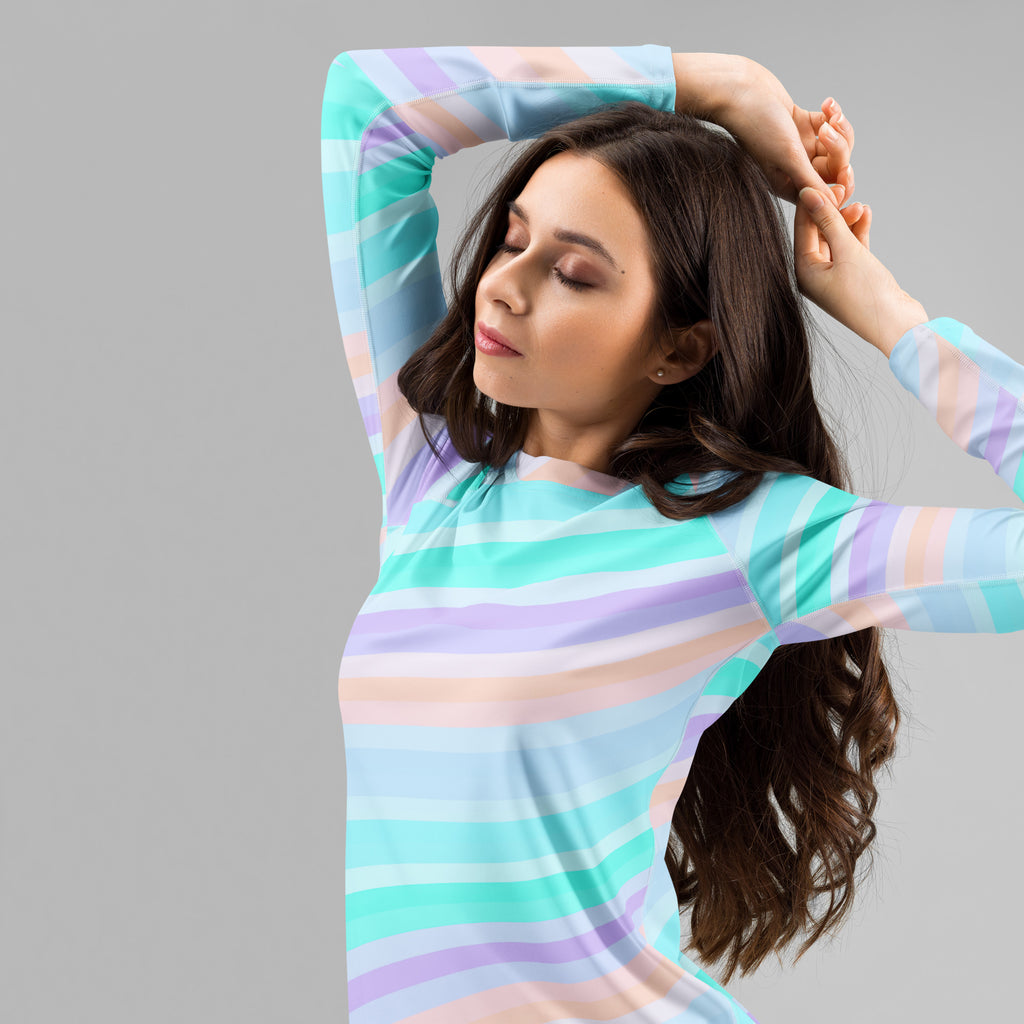 Women's Pastel Ocean Wave Long Sleeve Rash Guard Swim Shirt – Buttery Soft, Sun Safe UPF 50+ Protection, Quick Dry & 4-Way Stretch Comfort