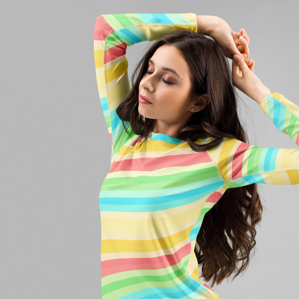 Women's Summer Rainbow Wave Long Sleeve Rash Guard Swim Shirt – Buttery Soft, Sun Safe UPF 50+ Protection, Quick Dry & 4-Way Stretch Comfort