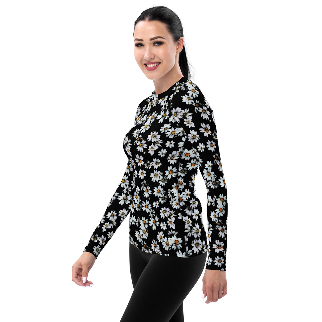 Women's Black Daisy Long Sleeve Rash Guard Swim Shirt – Buttery Soft, Sun Safe UPF 50+ Protection, Quick Dry & 4-Way Stretch Comfort