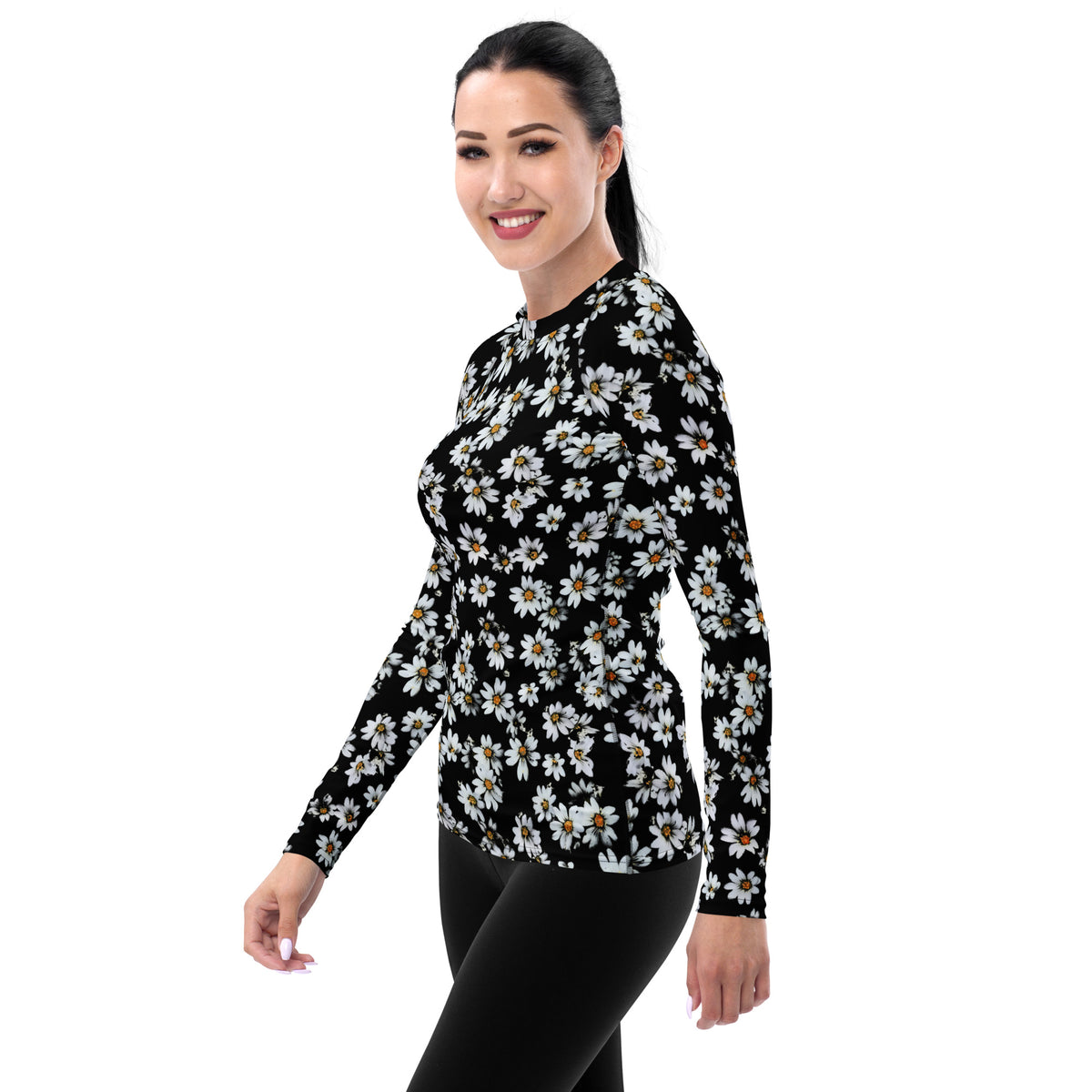 Women's Black Daisy Long Sleeve Rash Guard Swim Shirt – Buttery Soft, Sun Safe UPF 50+ Protection, Quick Dry & 4-Way Stretch Comfort