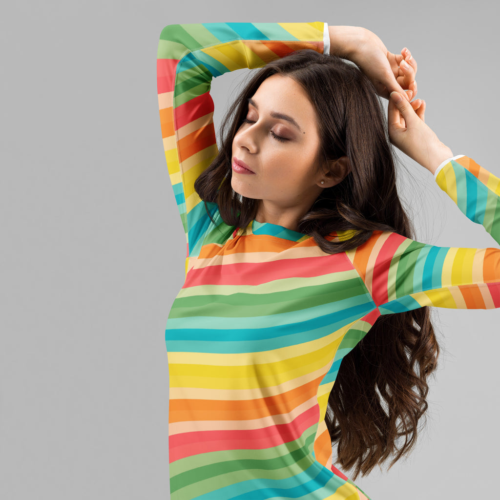 Women's Retro Rainbow Wave Long Sleeve Rash Guard Swim Shirt – Buttery Soft, Sun Safe UPF 50+ Protection, Quick Dry & 4-Way Stretch Comfort