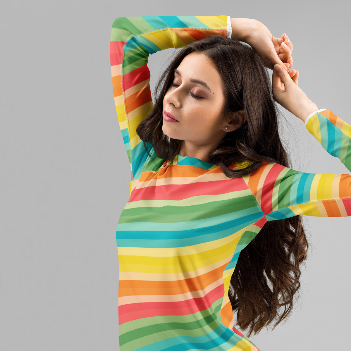 Women's Retro Rainbow Wave Long Sleeve Rash Guard Swim Shirt – Buttery Soft, Sun Safe UPF 50+ Protection, Quick Dry & 4-Way Stretch Comfort