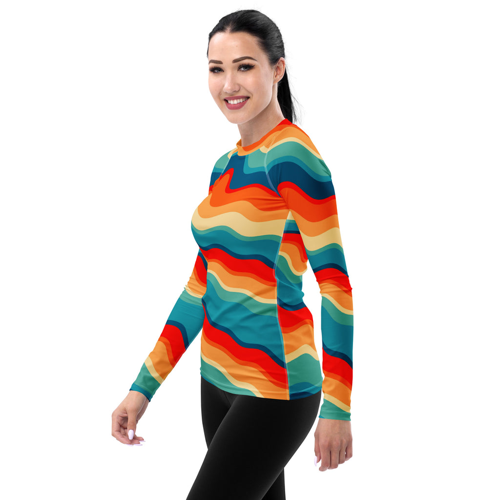 Women's Retro Wavy Stripe Long Sleeve Rash Guard Swim Shirt – Buttery Soft, Sun Safe UPF 50+ Protection, Quick Dry & 4-Way Stretch Comfort