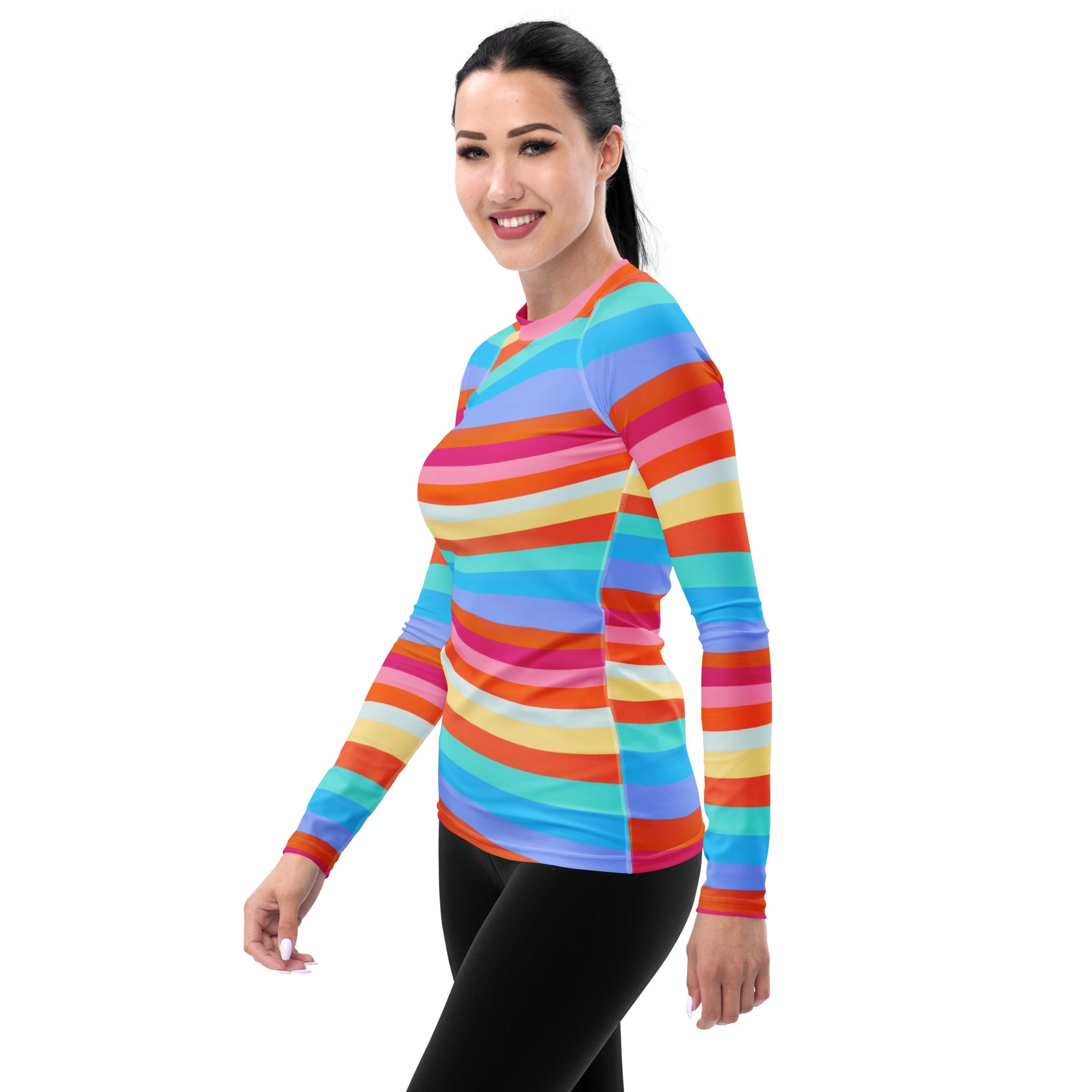 Women's Colorful Wavy Sand Stripe Long Sleeve Rash Guard Swim Shirt – Buttery Soft, Sun Safe UPF 50+ Protection, Quick Dry & 4-Way Stretch Comfort